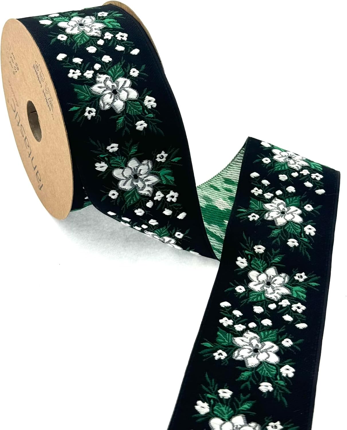 Floral Pattern Woven Border Ribbon 5cm (1.97") – 10m (32.8 ft) Roll | 100% Polyester Jacquard Ribbon for Sewing, Crafts & Home Décor (White/Pink)