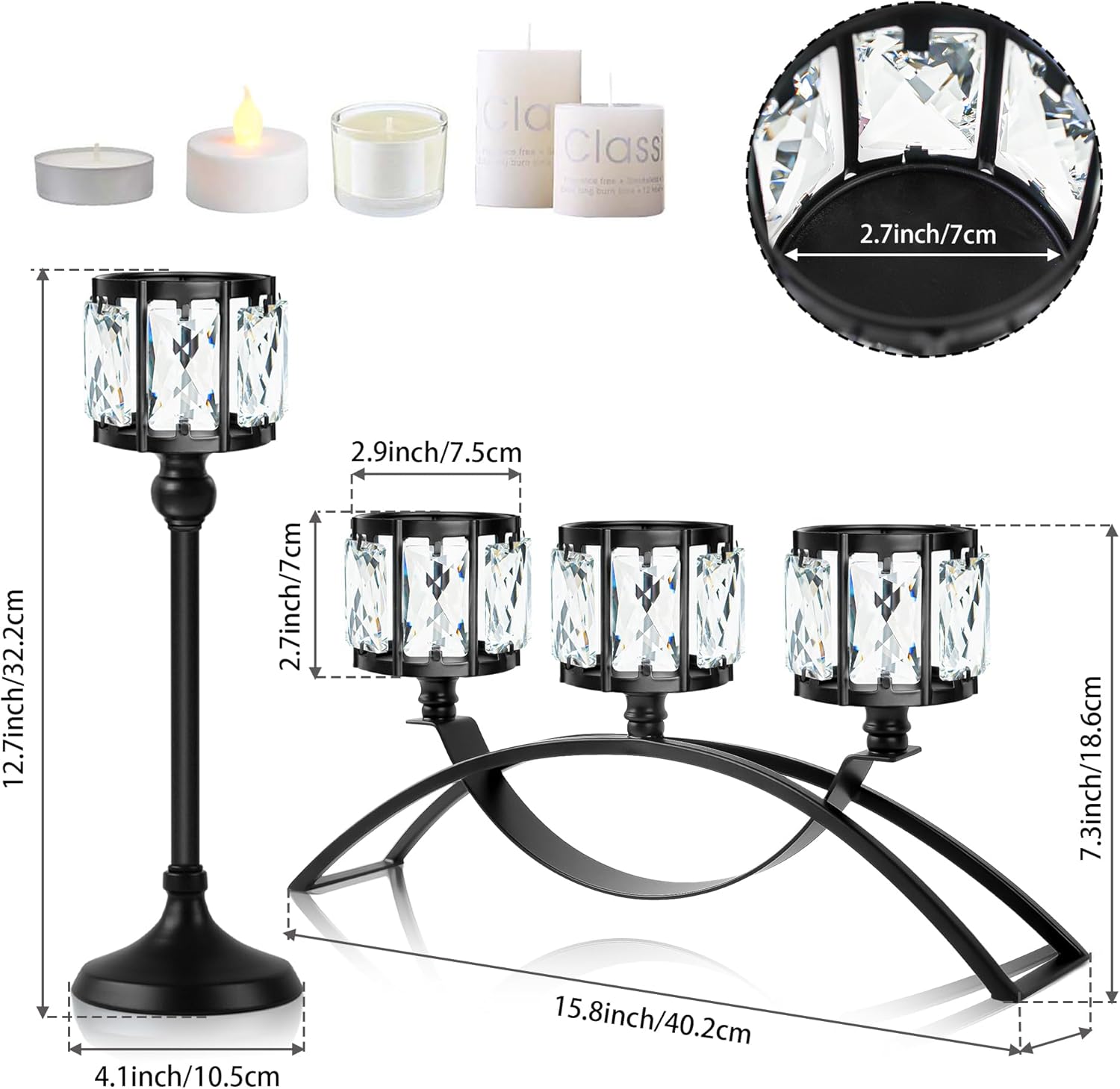 3 Arms Crystal Bowl Tealight Candelabra Votive Candle Stand, Wedding centerpieces for Tables Crystal Candlestick，Centerpiece Table Decorations (Set of Black)