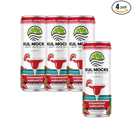 KUL MOCKS Mocktails Non-Alcoholic Drinks | Strawberry Margarita | Alcohol Free Alternative | Zero Proof Drink | Mocktail Mixers | Low Calorie, Low Sugar | (4 Pack)