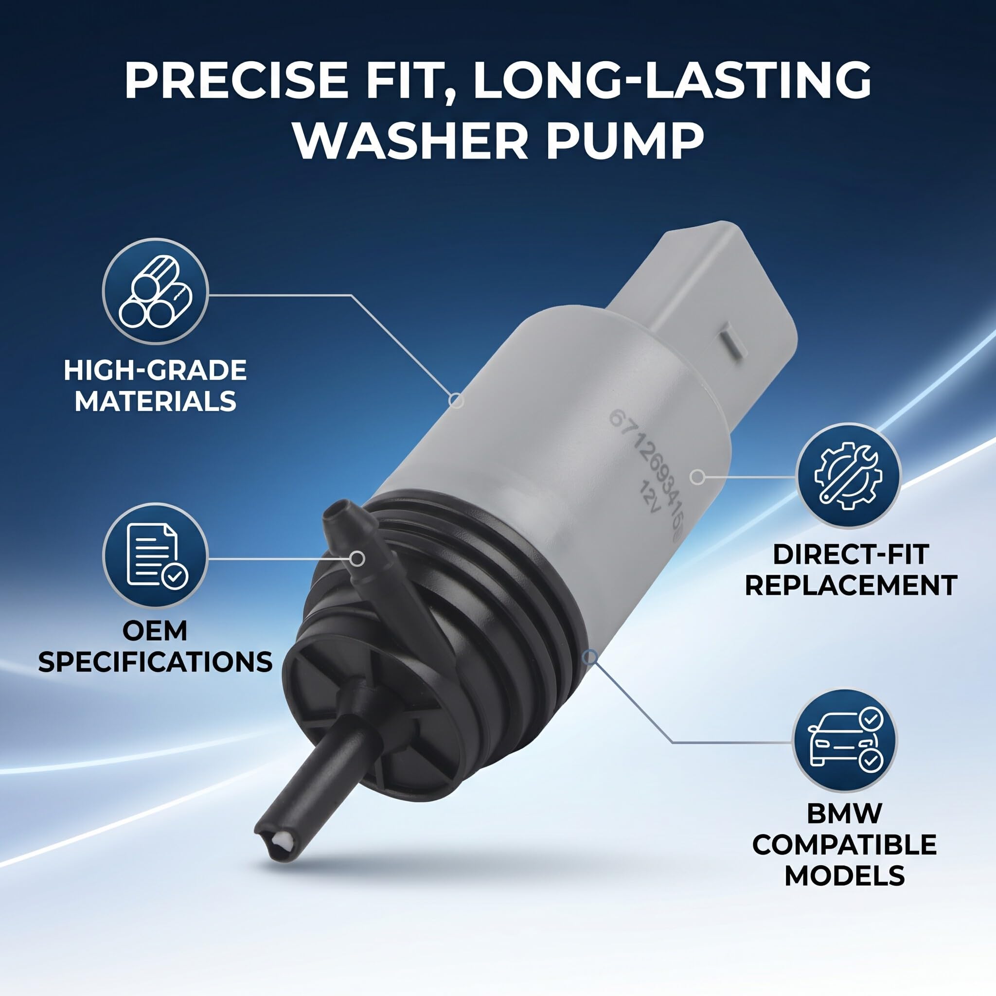 Aramox Pompa spryskiwacza przedniej szyby do E92 E91 E90 E88 E87 E82 E81 E66 E65 E64 E63 E61 E60, OE: 67126934159/67127302589