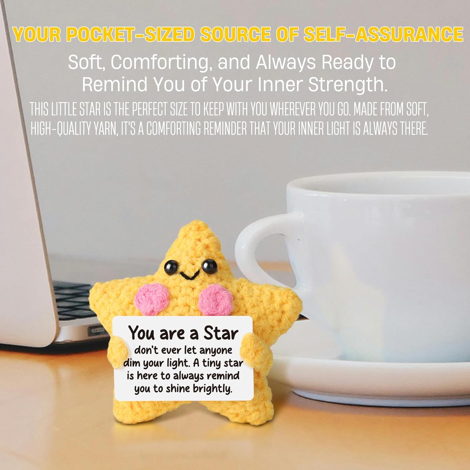 Crochet Star Plush - Encouragement Gift for Women & Kids, Positive Affirmations Desk Decor, Handmade Emotional Comfort Support Toy for Best Friend, Daughter, Son - Cheer Up & Thinking of You Gift - Image 3