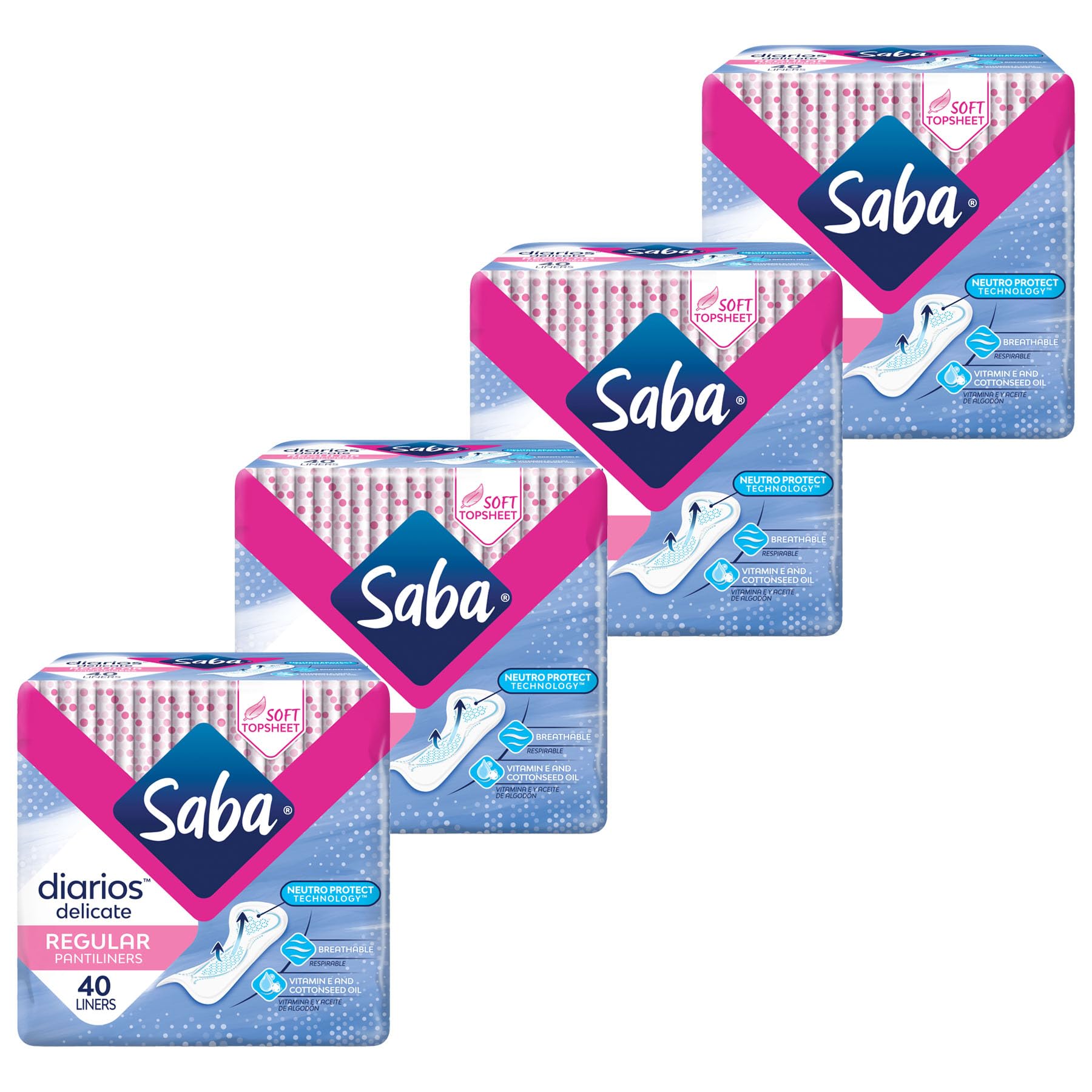 SABA Diarios Slipeinlagen, regulär, zart, geruchlos, atmungsaktiv und bequem für die tägliche Frische, 4er-Pack mit 40 Einlagen (160 Stück)