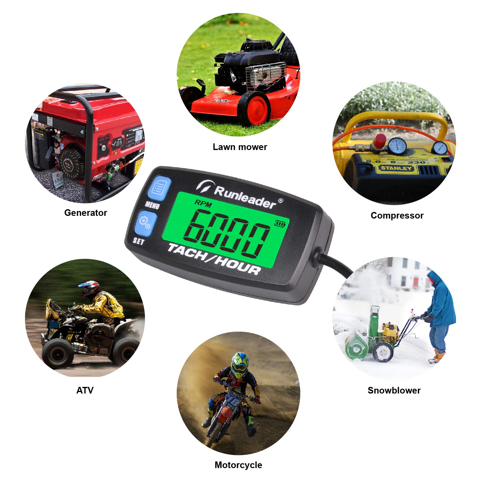 Runleader contaore digitale tachimetro,misuratore RPM,display retroilluminato,batteria sostituibile per tosaerba ZTR Generatore inverter compressore d'aria spazzaneve Motocicletta(032C-BU)