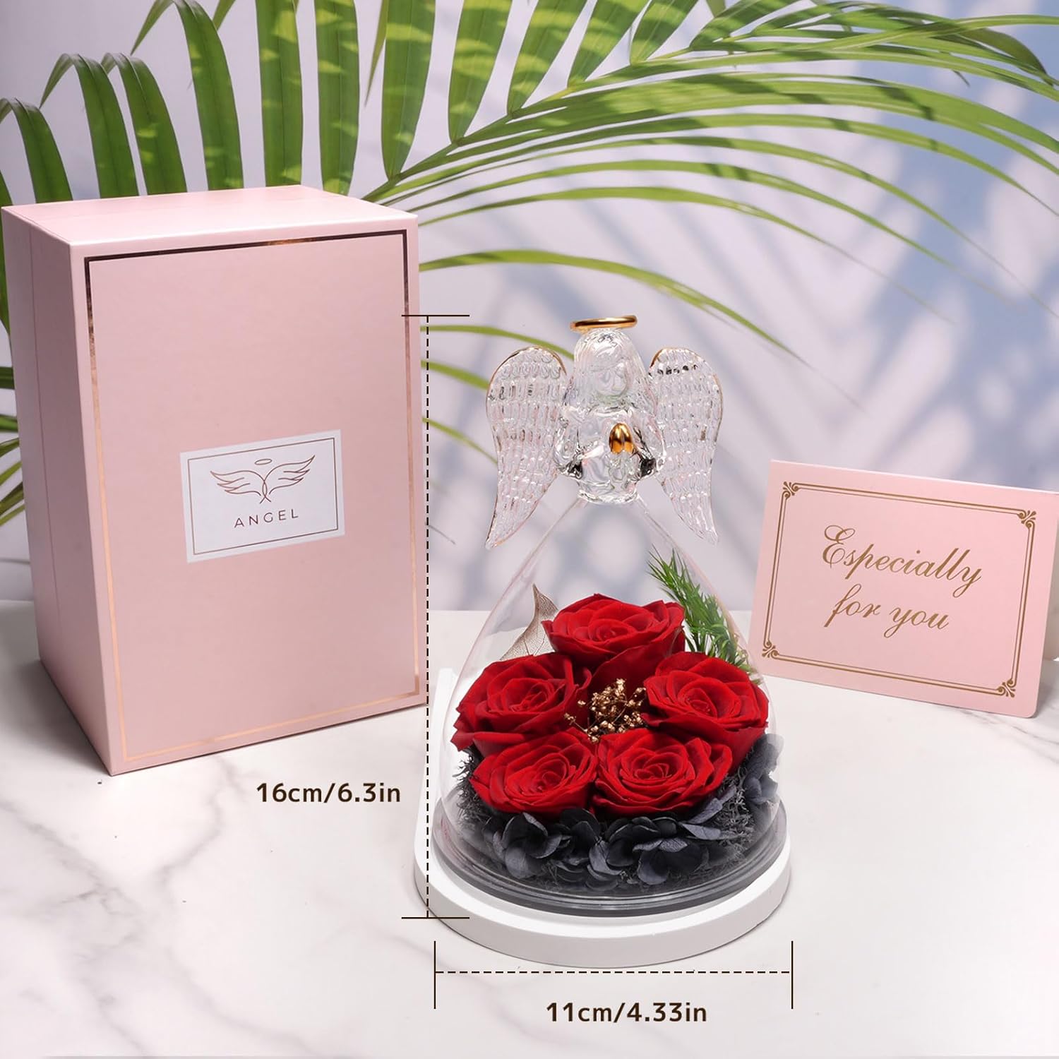 Yamonic Mom Birthday Gifts for Mom Women, Glass Angel Figurines with Five Real Rose Gifts for Her Mom Grandma, Preserved Flowers Rose Angel Gifts for Mothers Day Christmas Anniversary Birthday (Red) - Image 5