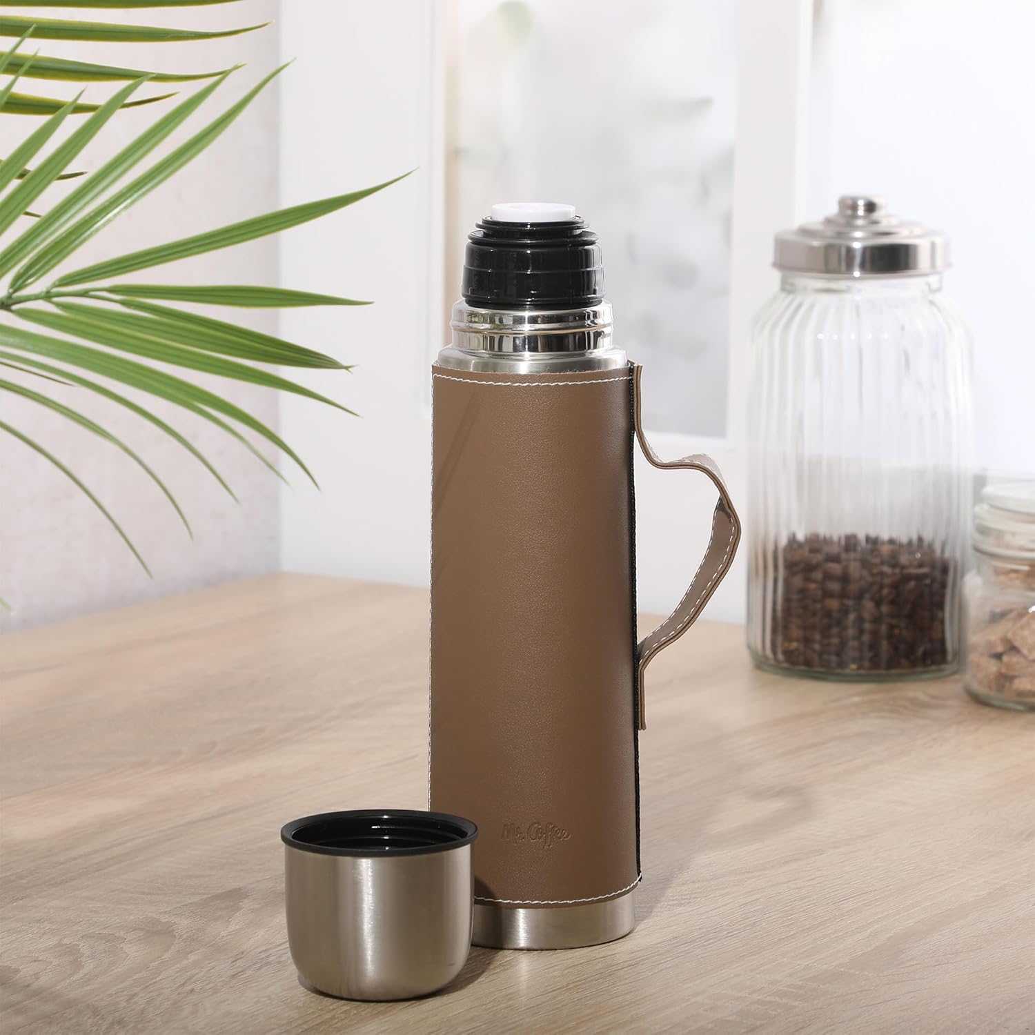 Mr. Coffee Leatherette 23 oz Stainless Steel Thermal Bottle – Double Wall Insulated Flask with Faux Leather Sleeve & Carry Handle, Brown – Leak-Proof Hot & Cold Drink Travel Mug - Image 5