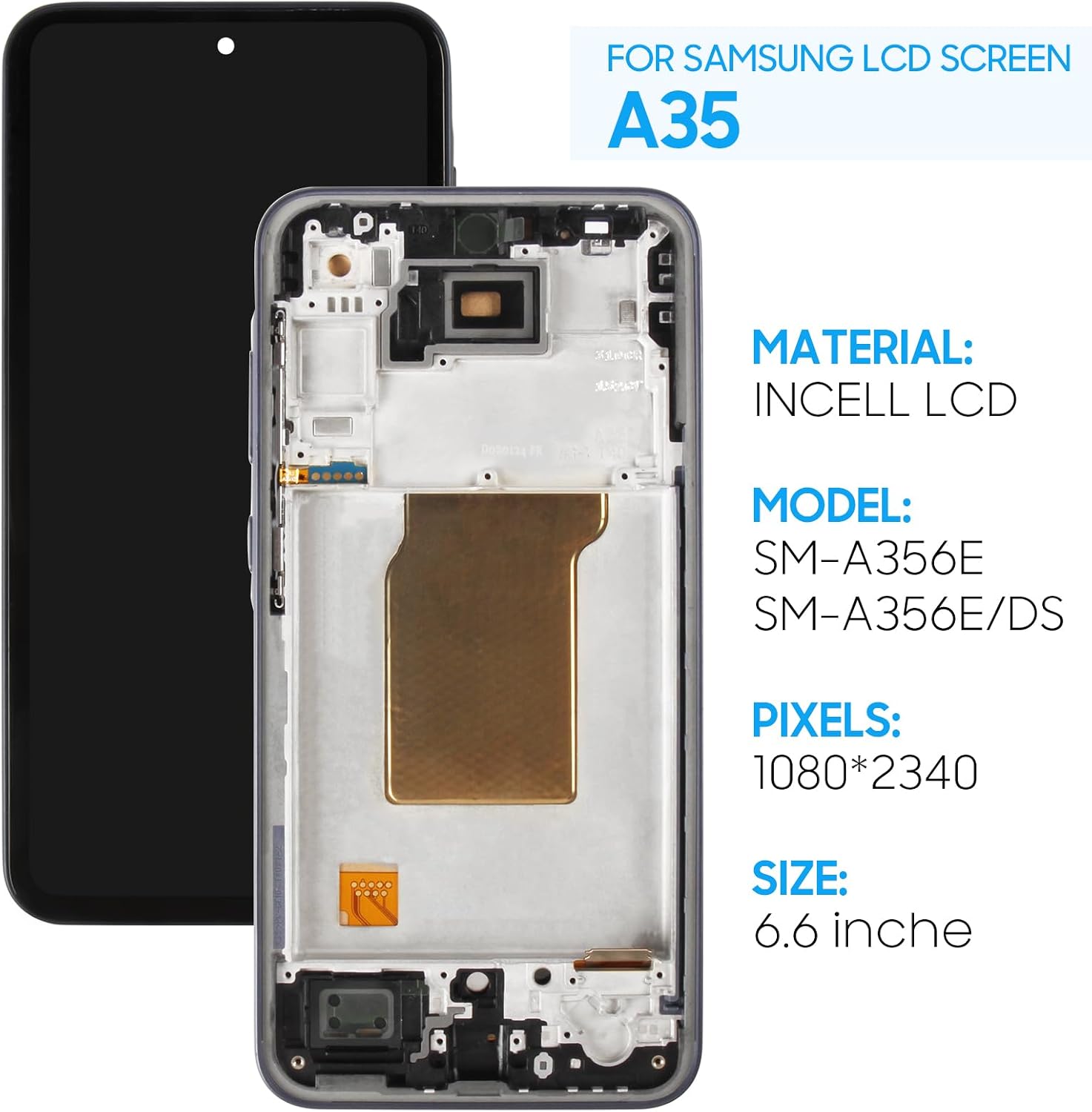 Screen Replacement for Samsung Galaxy A35 5G SM-A356U A356U1 A356B A356E 6.6" LCD Display Touch Digitizer Assembly with Black Frame(Incell,Not Fingerprint)