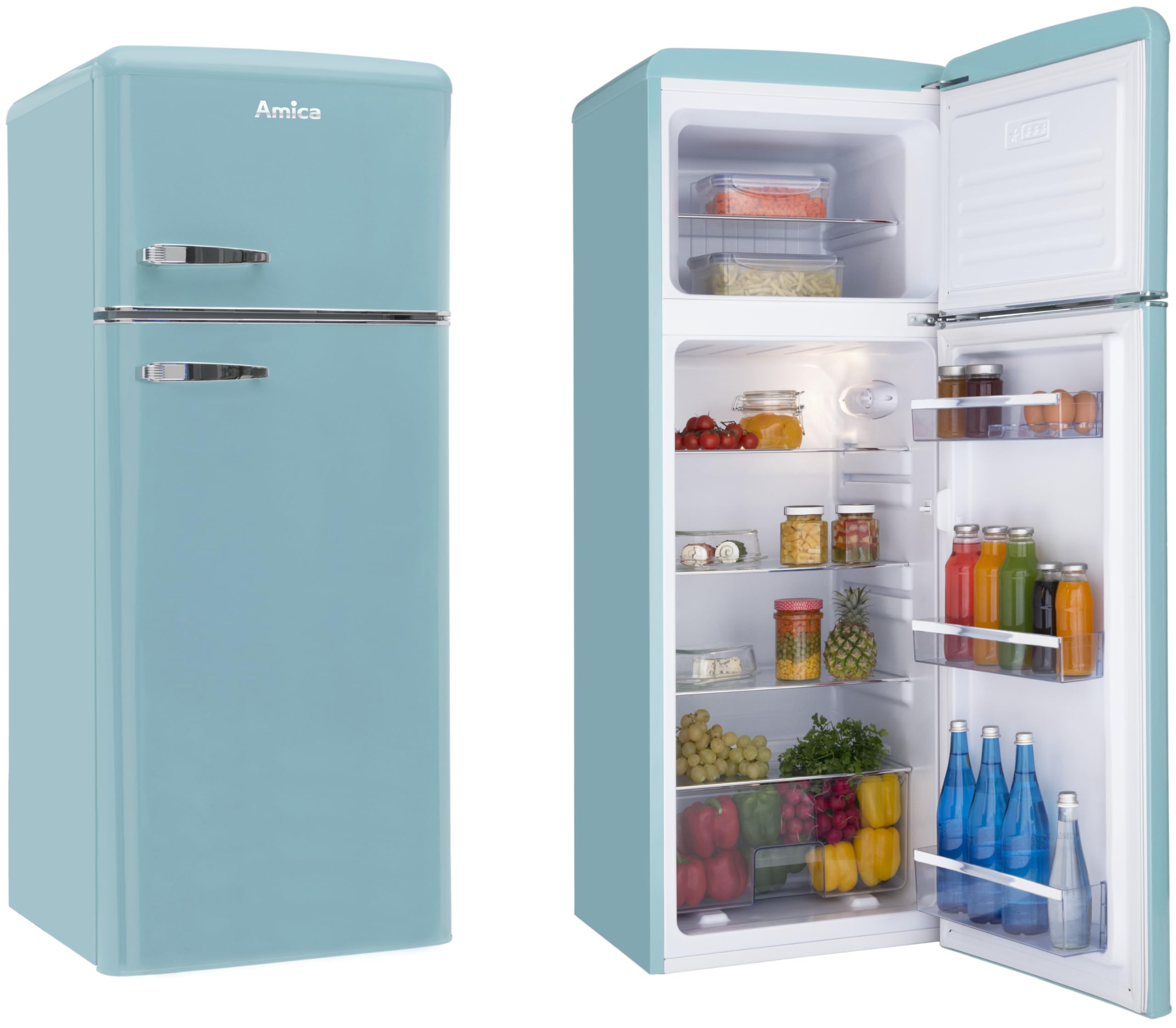 Amica KGC 15632 T Retro Kühl-/Gefrierkombination / Ice Blue (Türkis) / 144cm (H) x 55cm (B) x 62cm (T) / Retro-Design / Kühlschrank mit Gefrierfach
