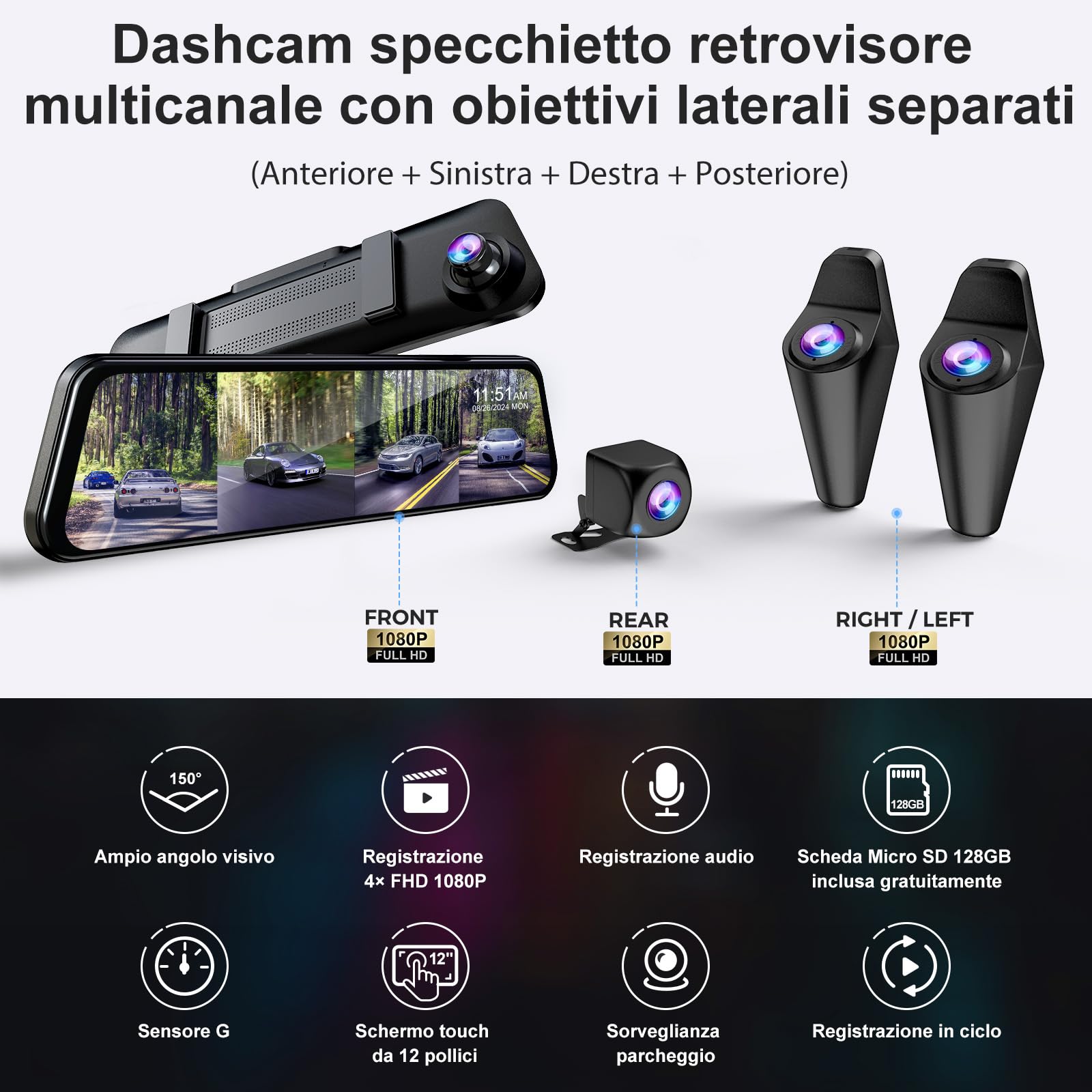 Lusterkowa kamera samochodowa 360° 4-kanałowa z oddzielnymi kamerami, 4-stronne nagrywanie, ekran 12" 4×FHD 1080P, widzenie w nocy, GPS, monitoring parkowania, karta 128GB gratis