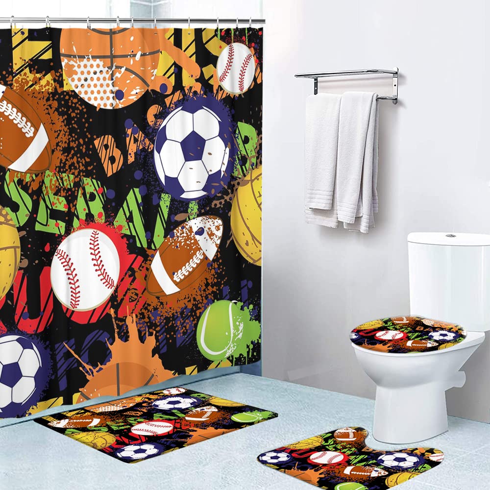 LOKMU 4 Pcs Shower Curtain Sets with Non-Slip Rugs, Toilet Lid Cover and Bath Mat,Boy Sport Pattern Balls Black Basketball Waterproof Shower Curtain