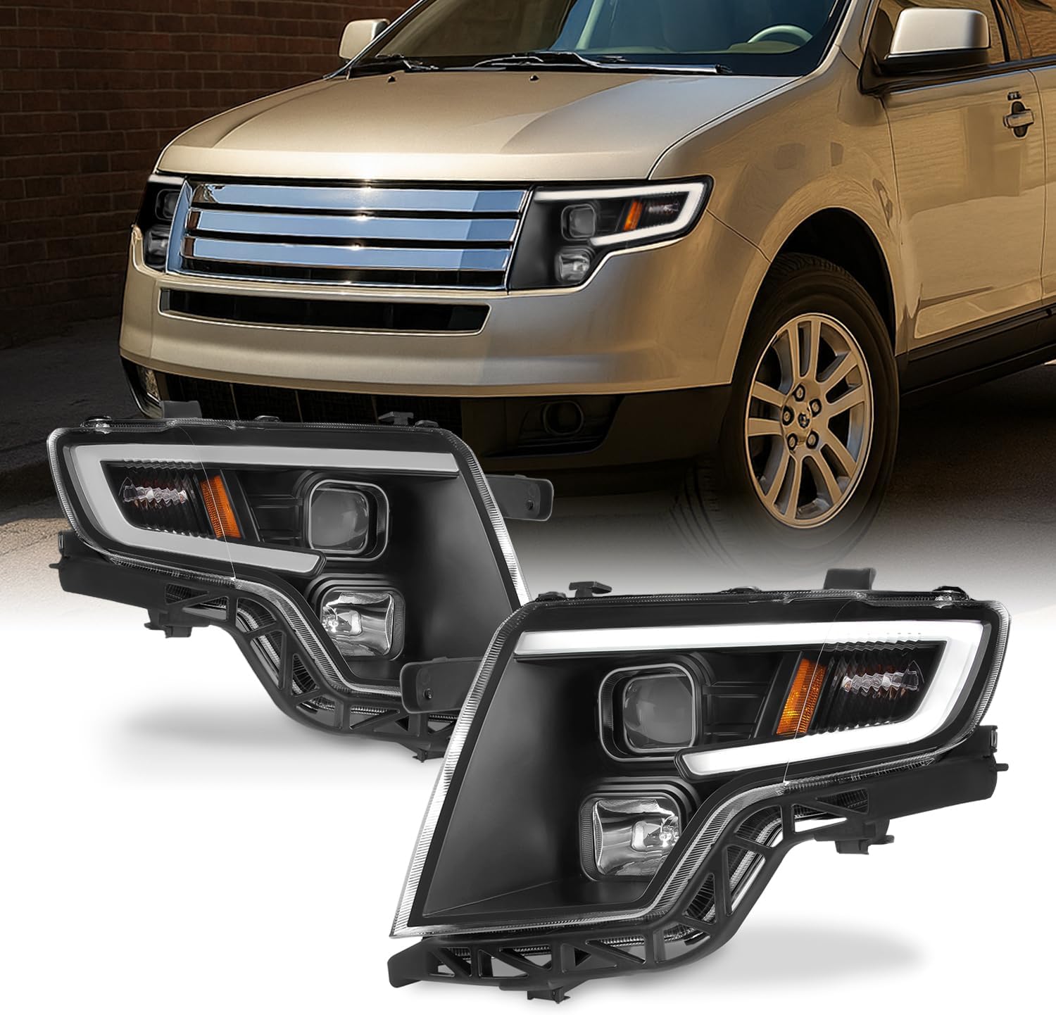 AKKON - Fits 2007-2010 Ford Edge LED Light Tube Stylish DRL Projector Headlights Pair Housing - Black Bezel