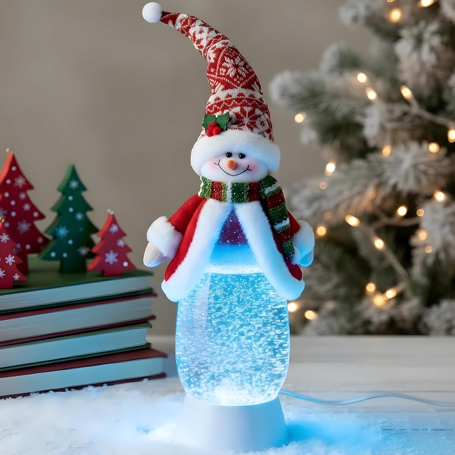 13″ Snowman Snow Globe with Soft Fabric Head, Warm Christmas Decor with Music 8 Songs, Auto Timer, USB/Battery Powered, Touchable Holiday Decor for Family