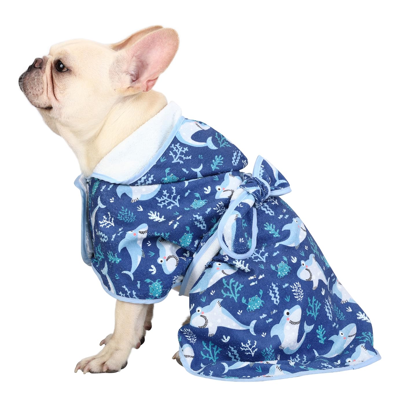 HDE Dog Bathrobe Super Absorbent Quick Drying Puppy Towel Wrap Coat Adjustable After Bath Robes with Hood for Dog Sizes S-XXL Sharks M