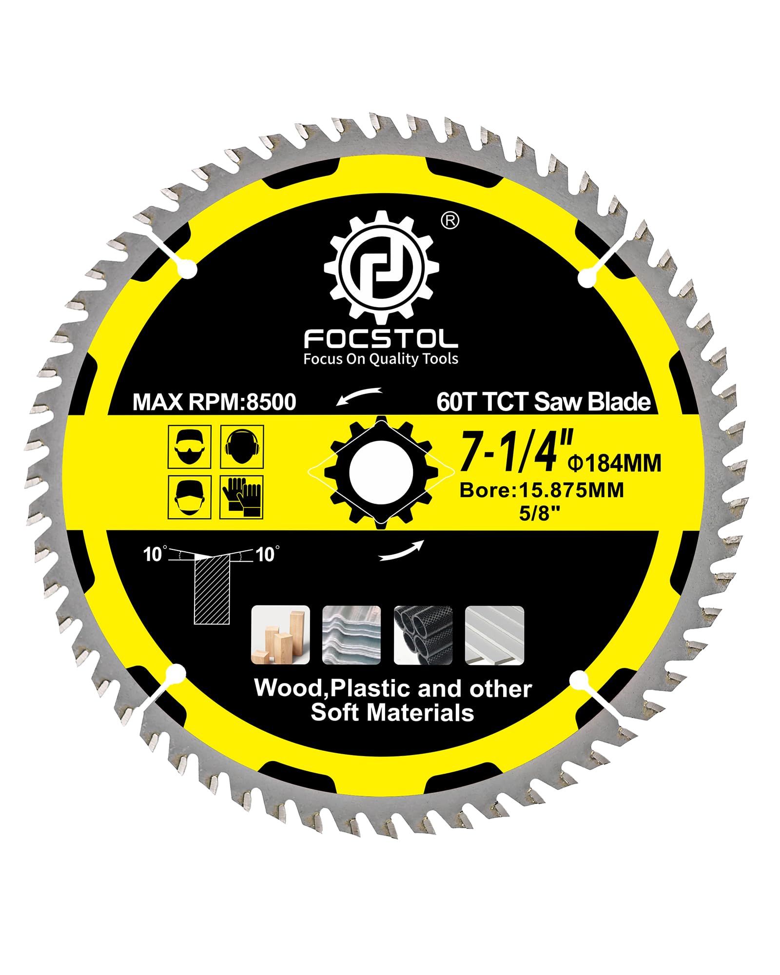 FOCSTOL Wood Cutting Circular Saw Blade 184mm - 60 Tooth TCT Cutting Blade for Cutting Wood, Plywood, Particle Board, Plastics and Other Soft Materials