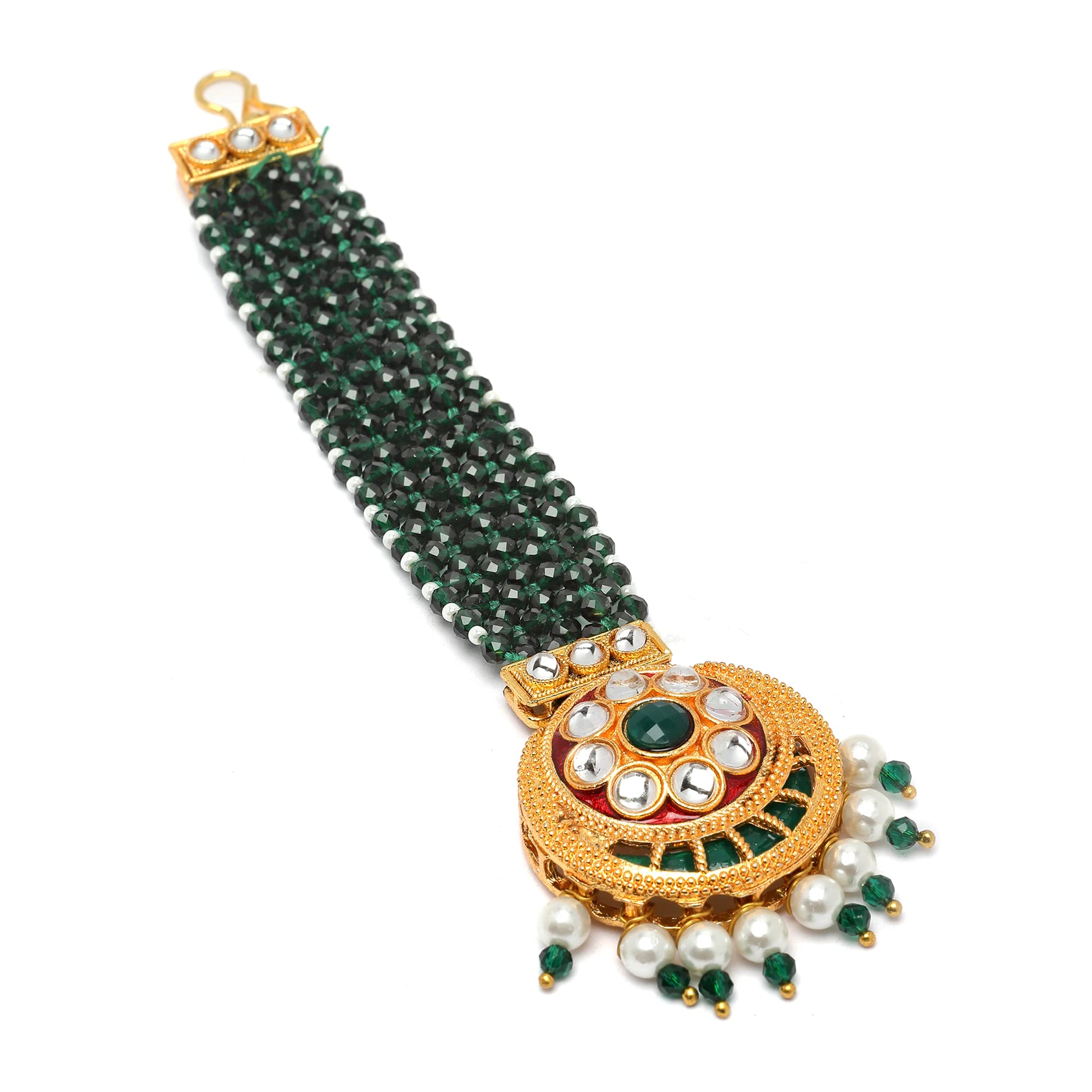 Gold-Plated Stones & Beads studded-beaded Meenakari Crescent Shaped Maang Tikka-image-40