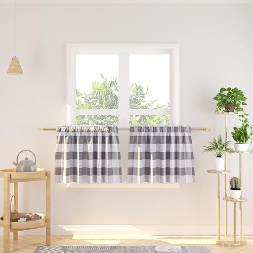 Miniatura 41 de Cortina ajustable con cenefa para ventana de cocina Buffalo Check, a cuadros, gingham, estilo granja, con bolsillo para barra, para baño, 42 x 45