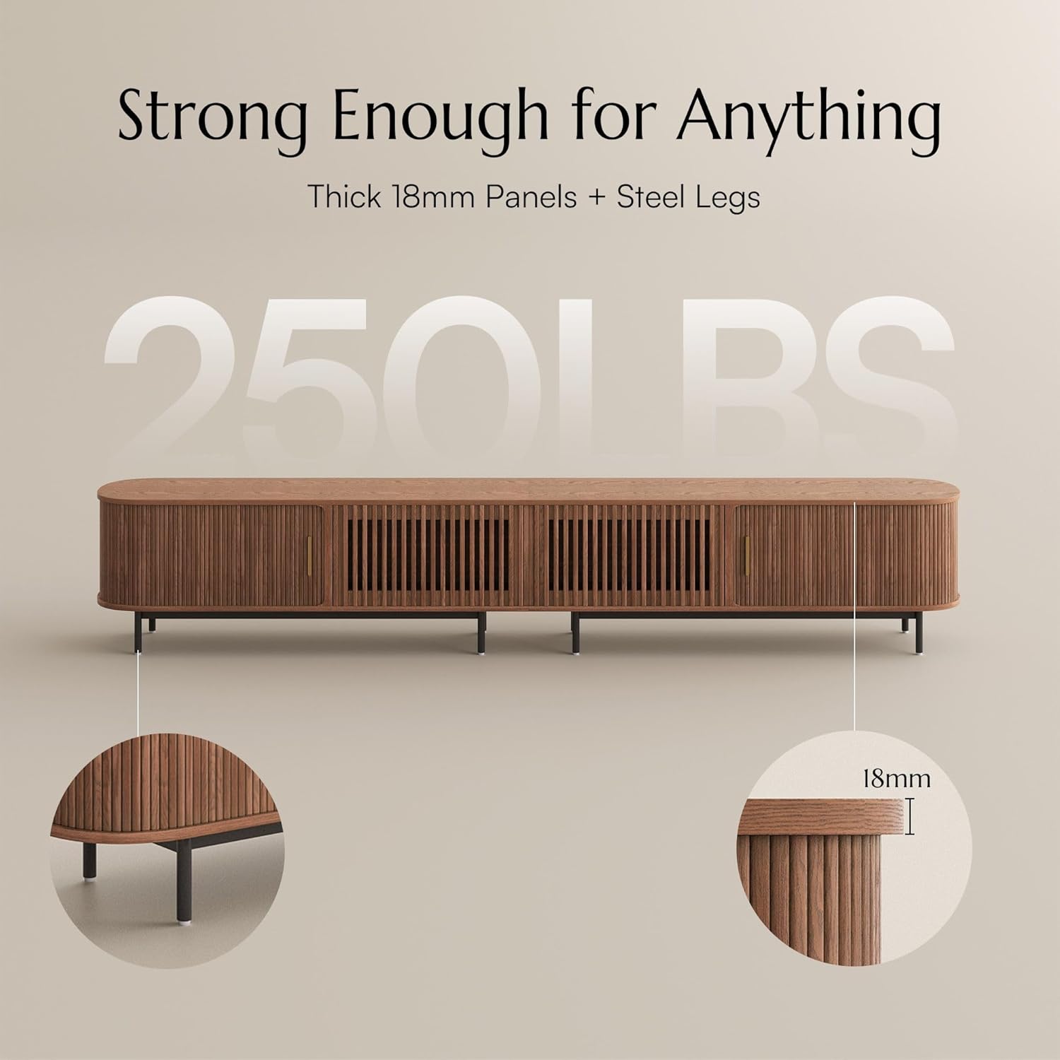 POVISON Fully-Assembled Sliding Tambour Door TV Stand, Mid Century Modern TV Console, Wood Media Console, Entertainment Center with Storage Cabinet (Walnut, 118.11") 118.11" Walnut