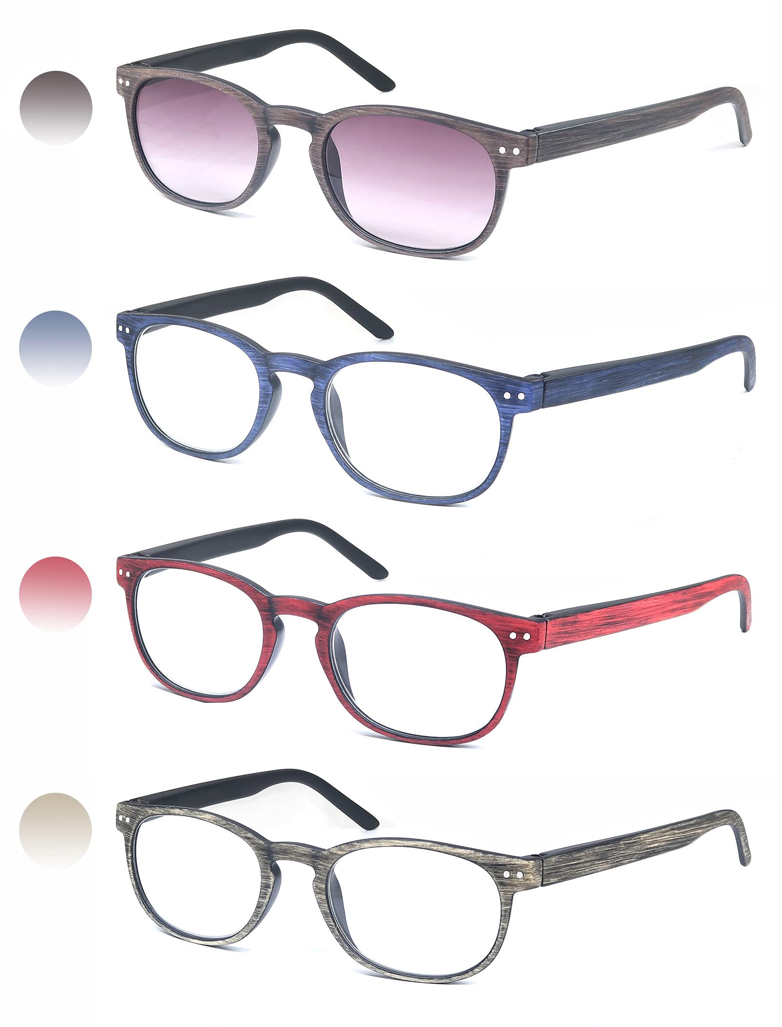 HEEYYOK 4 Pack Reading Glasses Mens Womens Unisex Retro Round Wood-Design Glasses for Reading Comfortable Lightweight Quality with Spring Hinge - Image 2