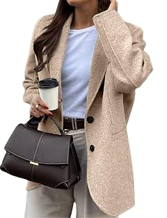 Mywinway Blazers for Women Fall Winter Casual Business Single Breasted Notch Lapel Wool Pea Coat Long Blazer Jacket