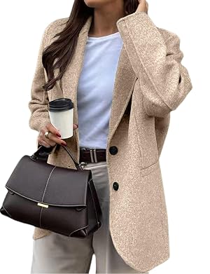 Mywinway Blazers for Women Fall Winter Casual Business Single Breasted Notch Lapel Wool Pea Coat Long Blazer Jacket