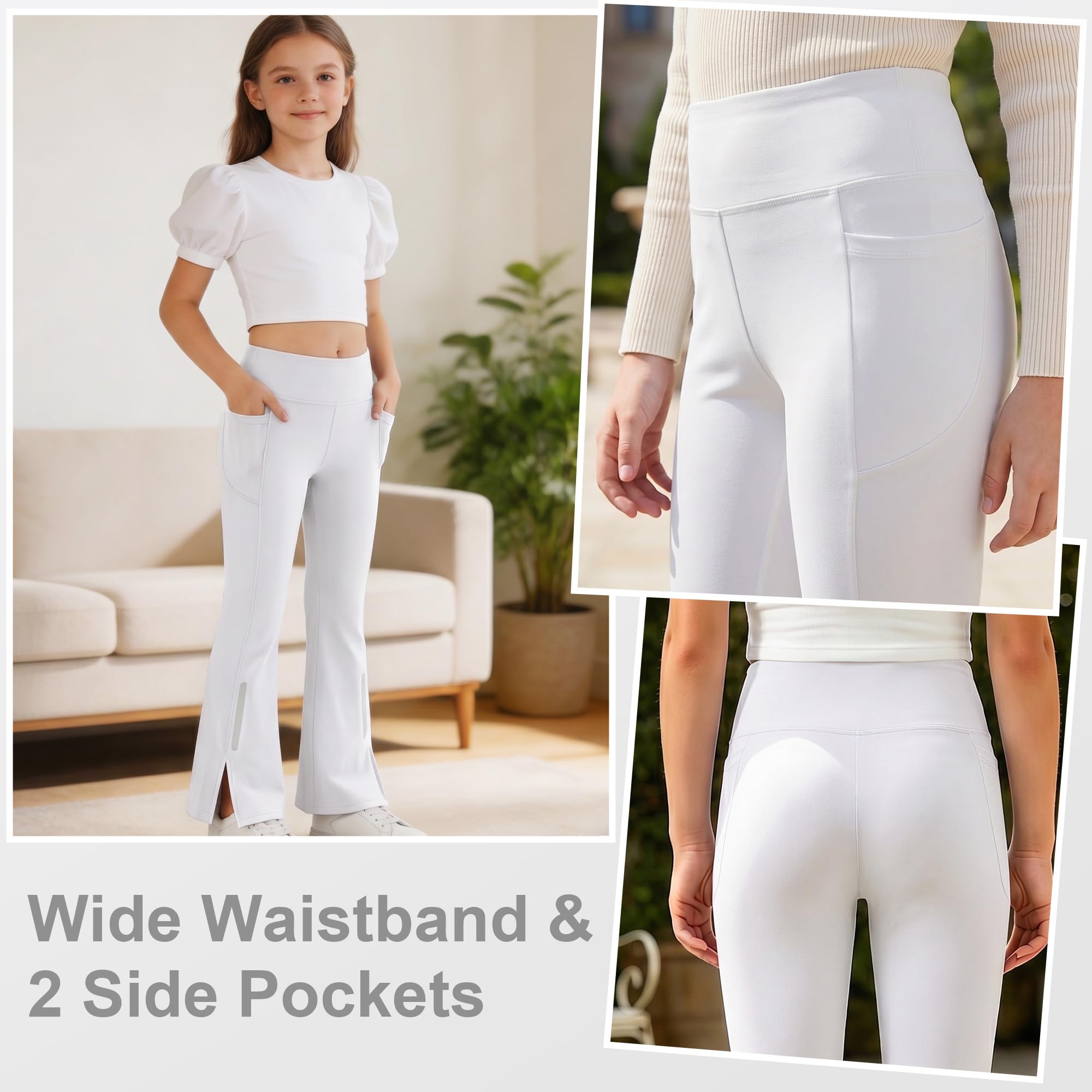 Mädchen Flared Leggings mit Taschen UPF 50 Sonnenschutz Schlagleggings mit Reflektierende Streifen Hohe Taille Atmungsaktiv Sporthose Gymnastikhose für Tanz,Laufen,Schule 7-15 Jahre