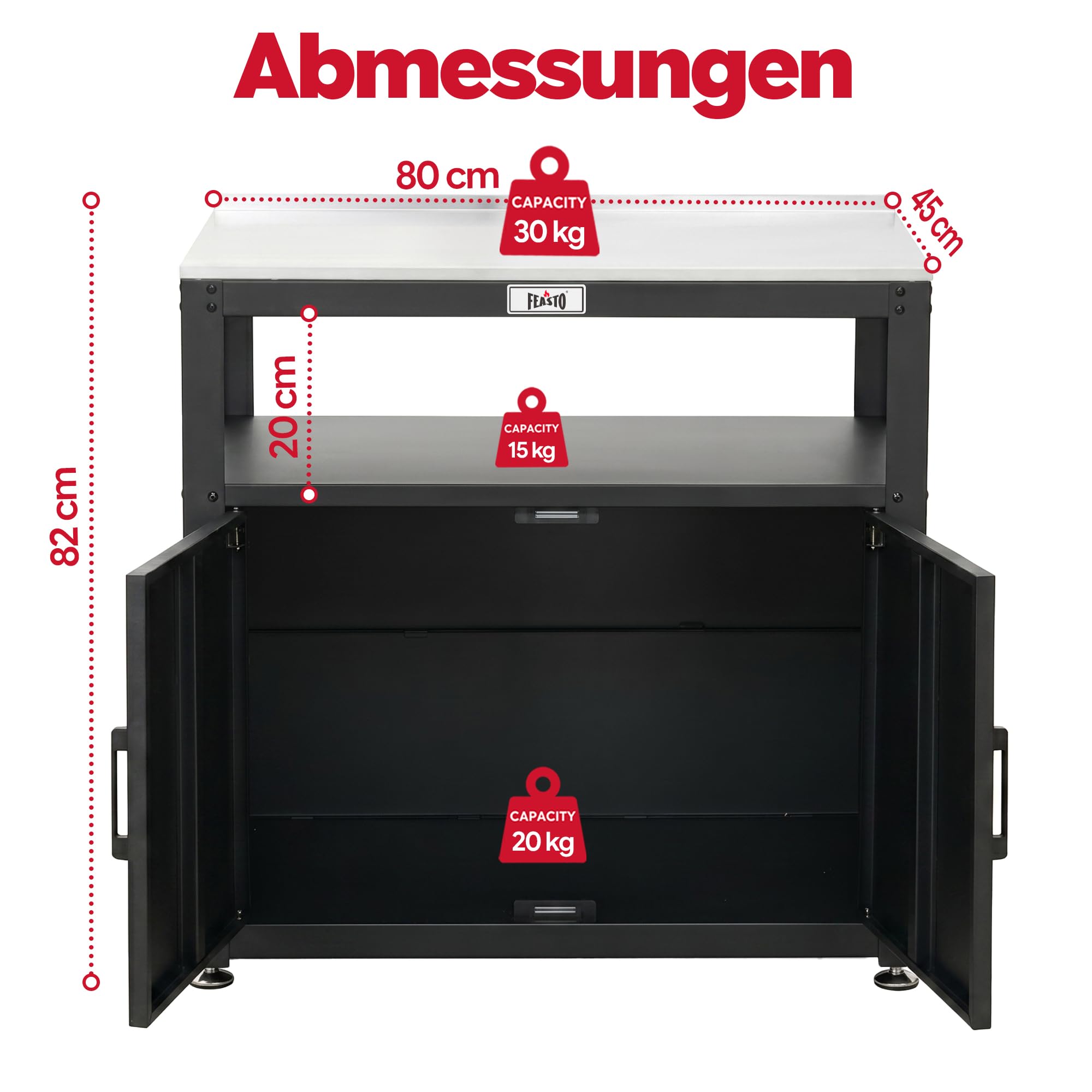 Feasto Pflanztisch mit Unterschrank, Gartenschrank wetterfest Outdoor mit Edelstahl - Arbeitsplatte, für Garten & Terrasse, 80x45x82cm