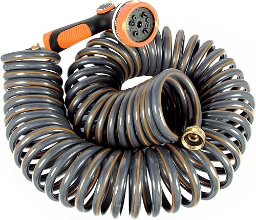 Manguera de jardín flexible de 50 pies, manguera de agua en espiral, ligera y sin torceduras, con conector de latón de 34 pulgadas, boquilla de 10
