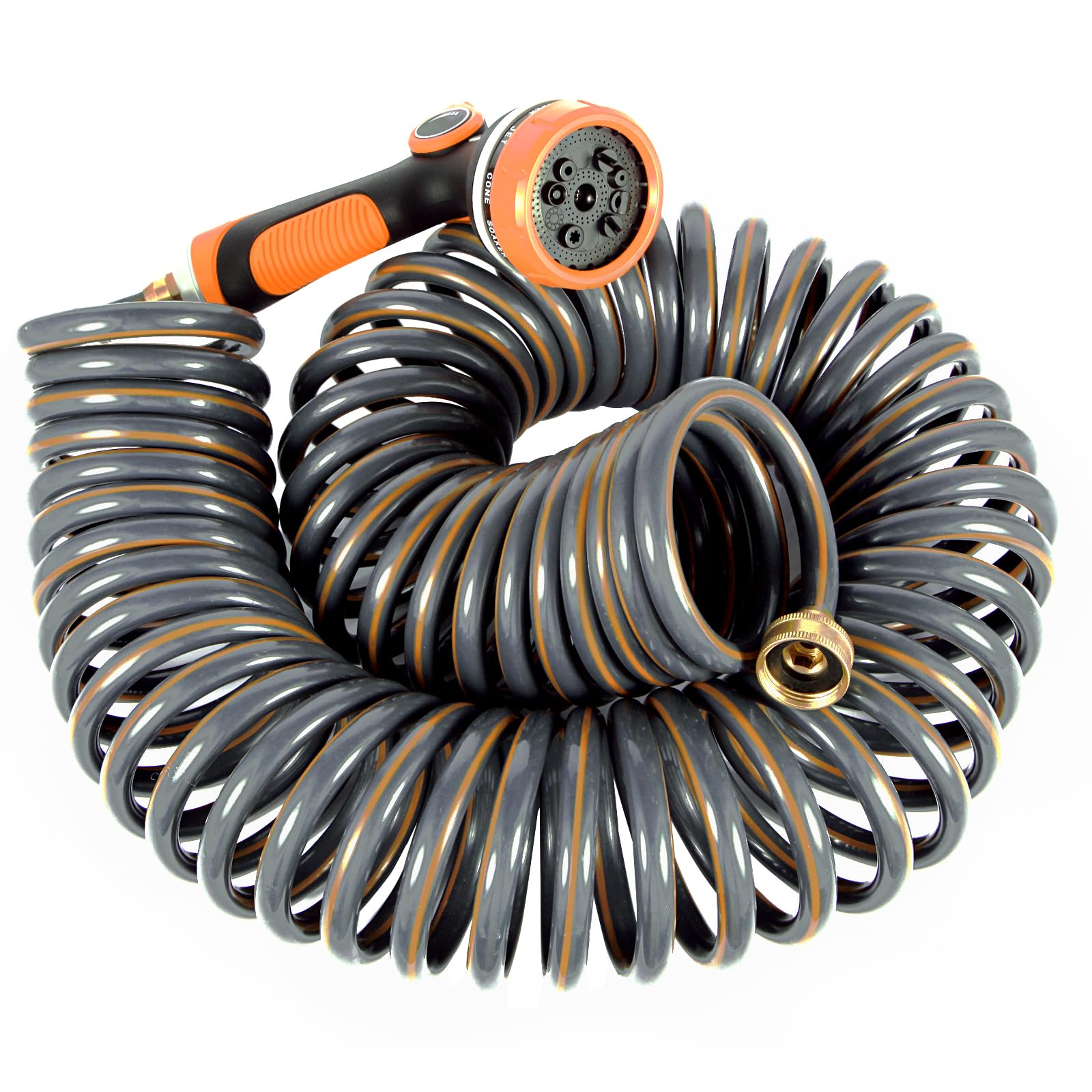 Garden Hose 50 ft Flexible Water Hose Coiled Water Pip Lightweight and No Kink for Coil Hose with 3/4'' Brass Connector 10 Pattern Nozzle (Grey+Orange)