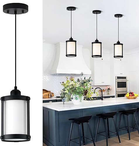 Miniatura 20 de Lámparas Colgantes de Estilo Granja, Lámpara Colgante de 1 Luz de Cristal Negro para Isla de Cocina, Iluminación Colgante Mini Rústica Industrial