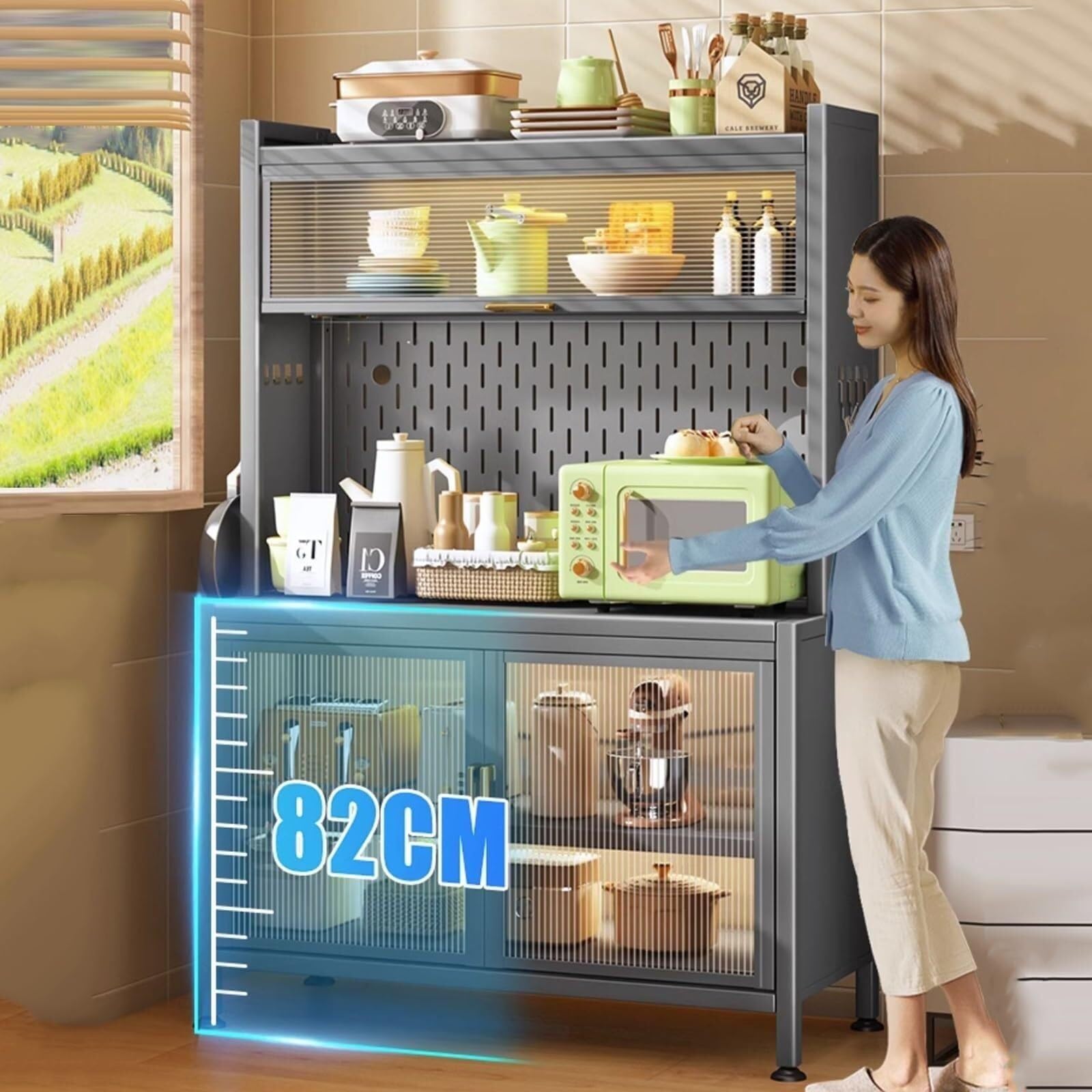 Scaffale da cucina regolabile a 5 ripiani con armadietto e pannello forato, salvaspazio, per cucina, garage e casa, multifunzionale, durevole ed elegante (80 x 44 x 157 cm)