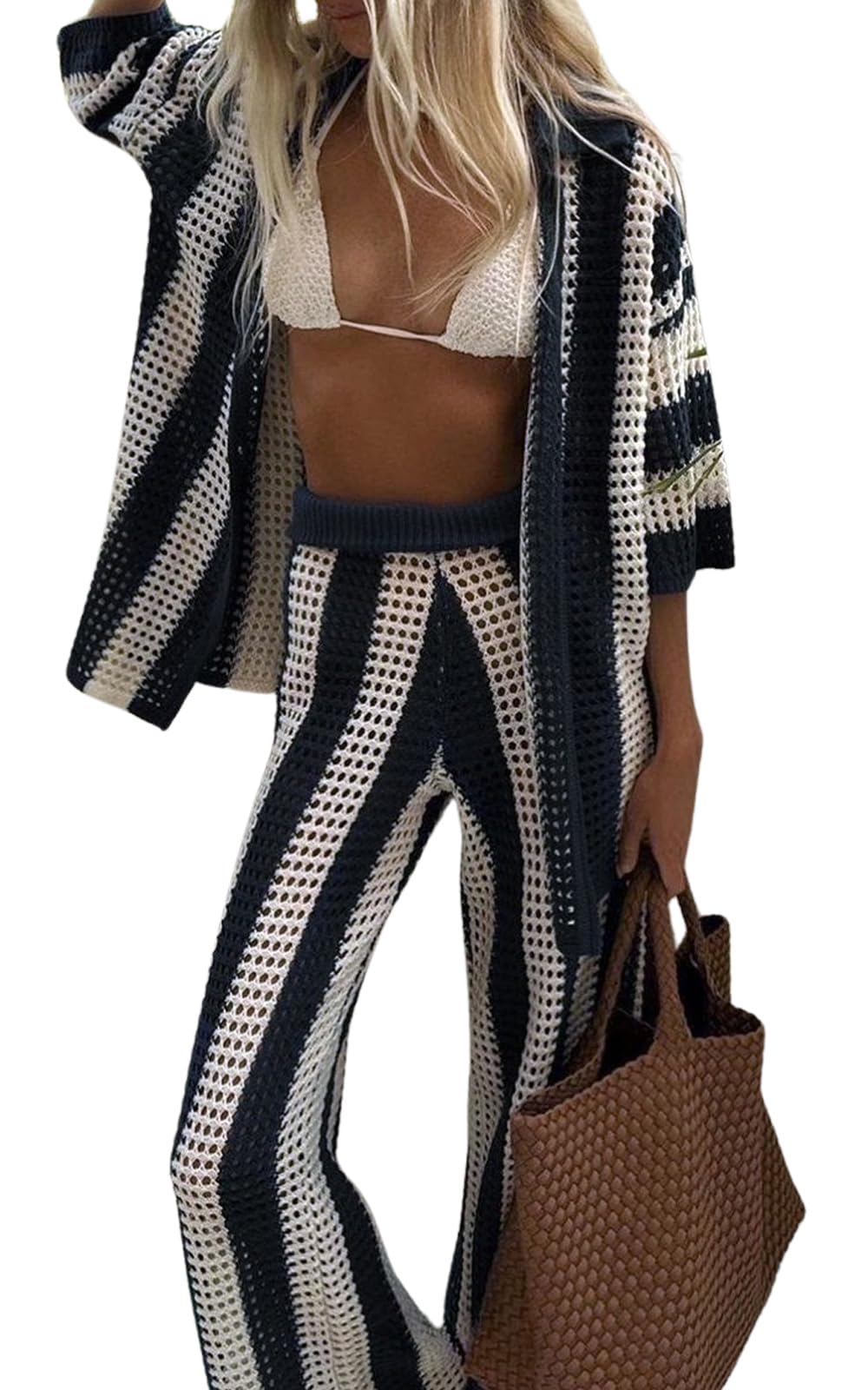 loveimgs Conjunto de 2 piezas de verano de punto de ganchillo a rayas de manga corta con botones y pantalones de pierna ancha