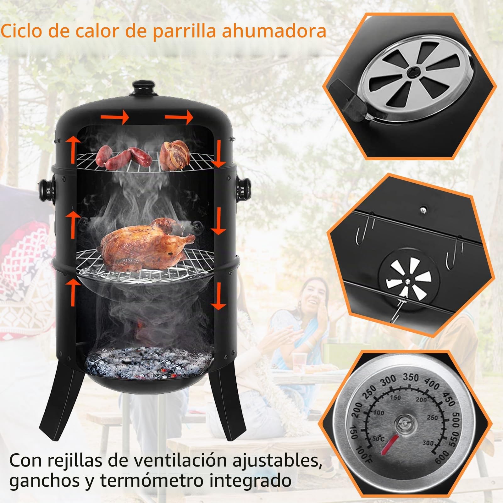 Ahumador Barbacoa 3 en 1, Parrilla de Carbón para Ahumar, Smoker Barbacoa con Parrilla de Acero Inoxidable, Termómetro, Cuenco de Agua Esmaltado, Barril de Ahumado, Φ45,5 x 80 cm Negro BBQ Smoker