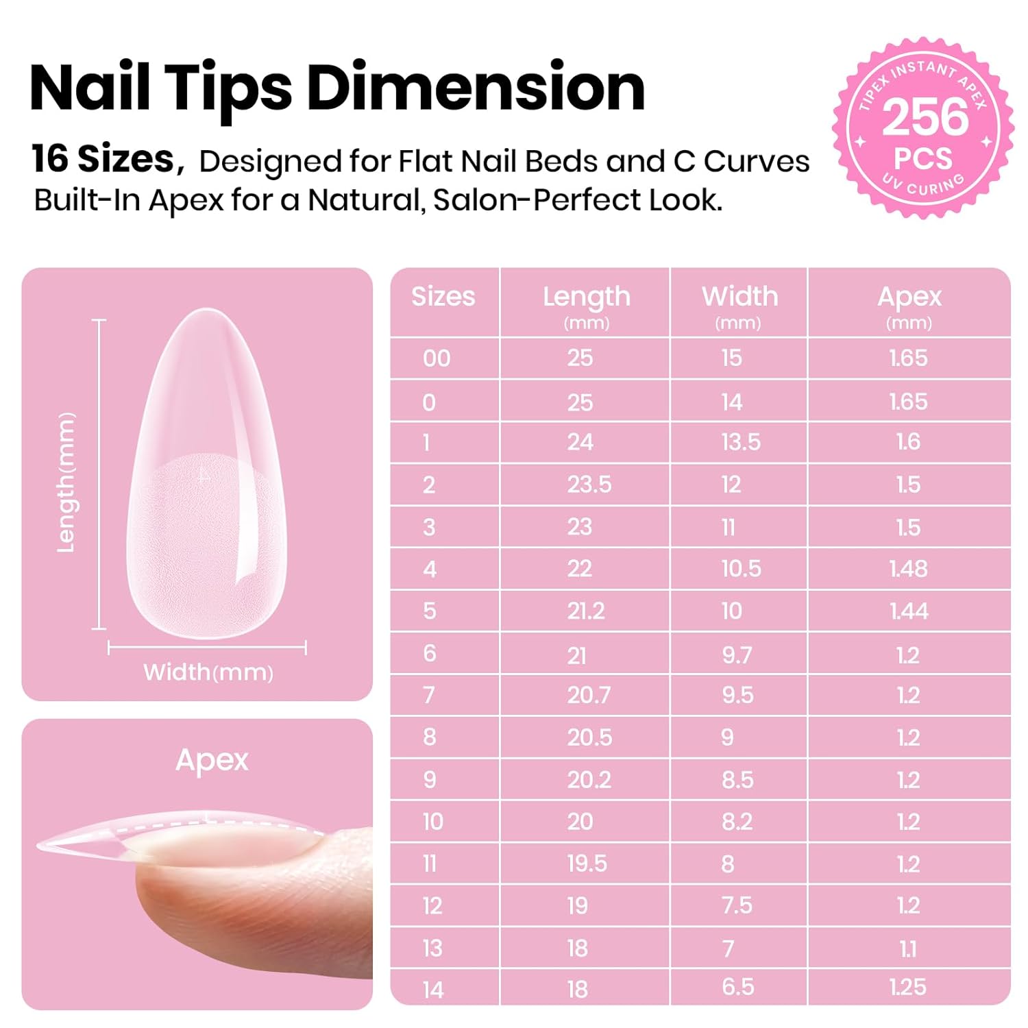 Beetles Tipex Lite Pre-Built Apex Gel Nail Tips, Almond Medium, 256pcs Value Pack, 16 Sizes, Flat-Nail Friendly Acrylic Tips for Natural Nail Beds, Easy for Beginner DIY - Image 4