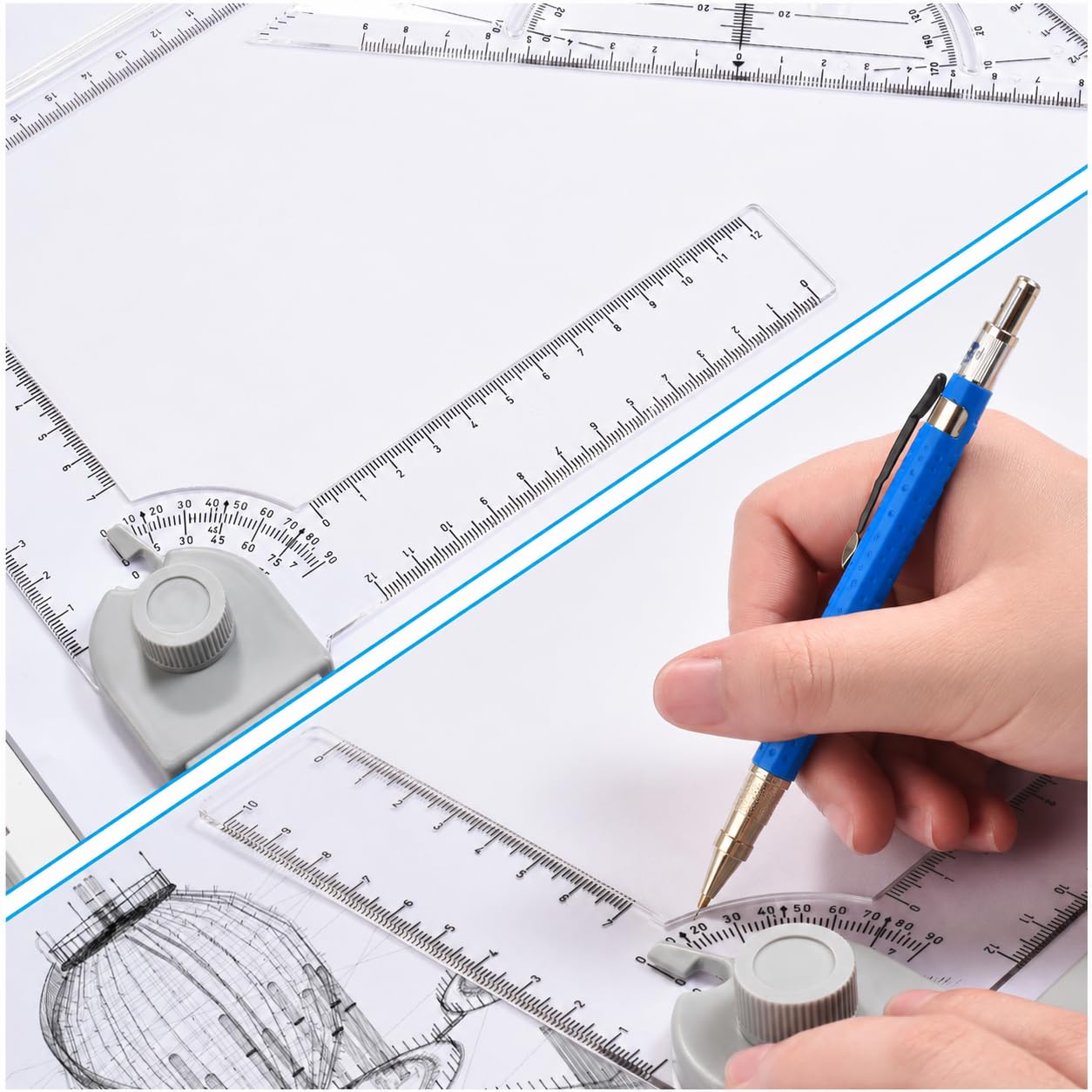 Multifunktions Zeichenplatte A3 Set, DIN A3 Zeichenplatte mit Zeichnungswerkzeuge Zirkel Zeichenstift und Stiftpackung Zeichenplatte Geo-Board für Office Arbeiten Ingenieure Designer Studenten Studium