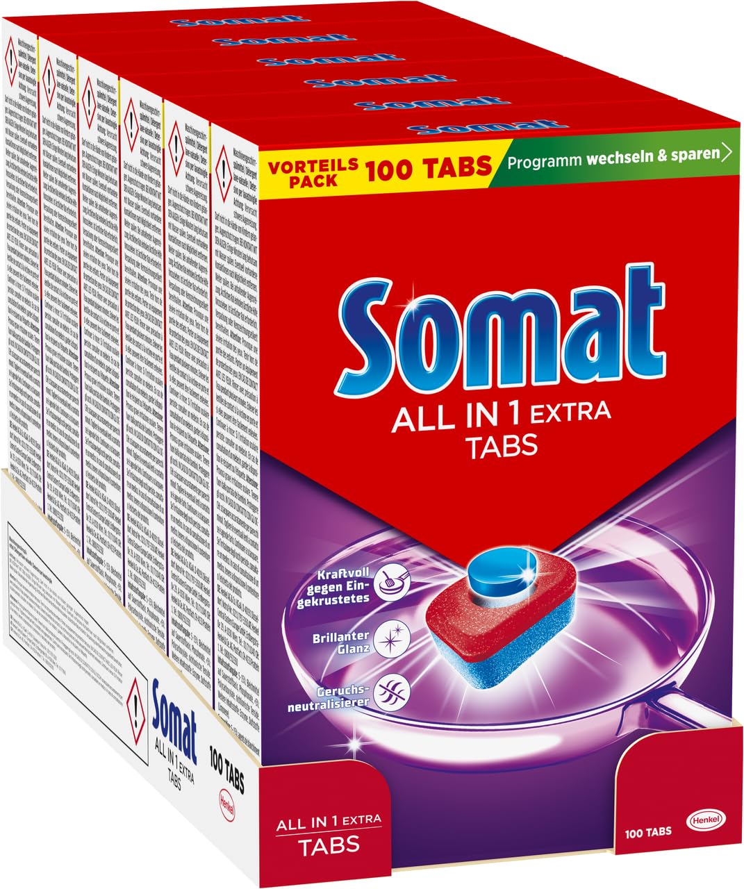 Somat All in 1 Spülmaschinen Tabs (6 x 100 Tabs), Geschirrspül Tabs für strahlende Sauberkeit auch bei niedrigen Temperaturen, kraftvoll gegen Eingetrocknetes