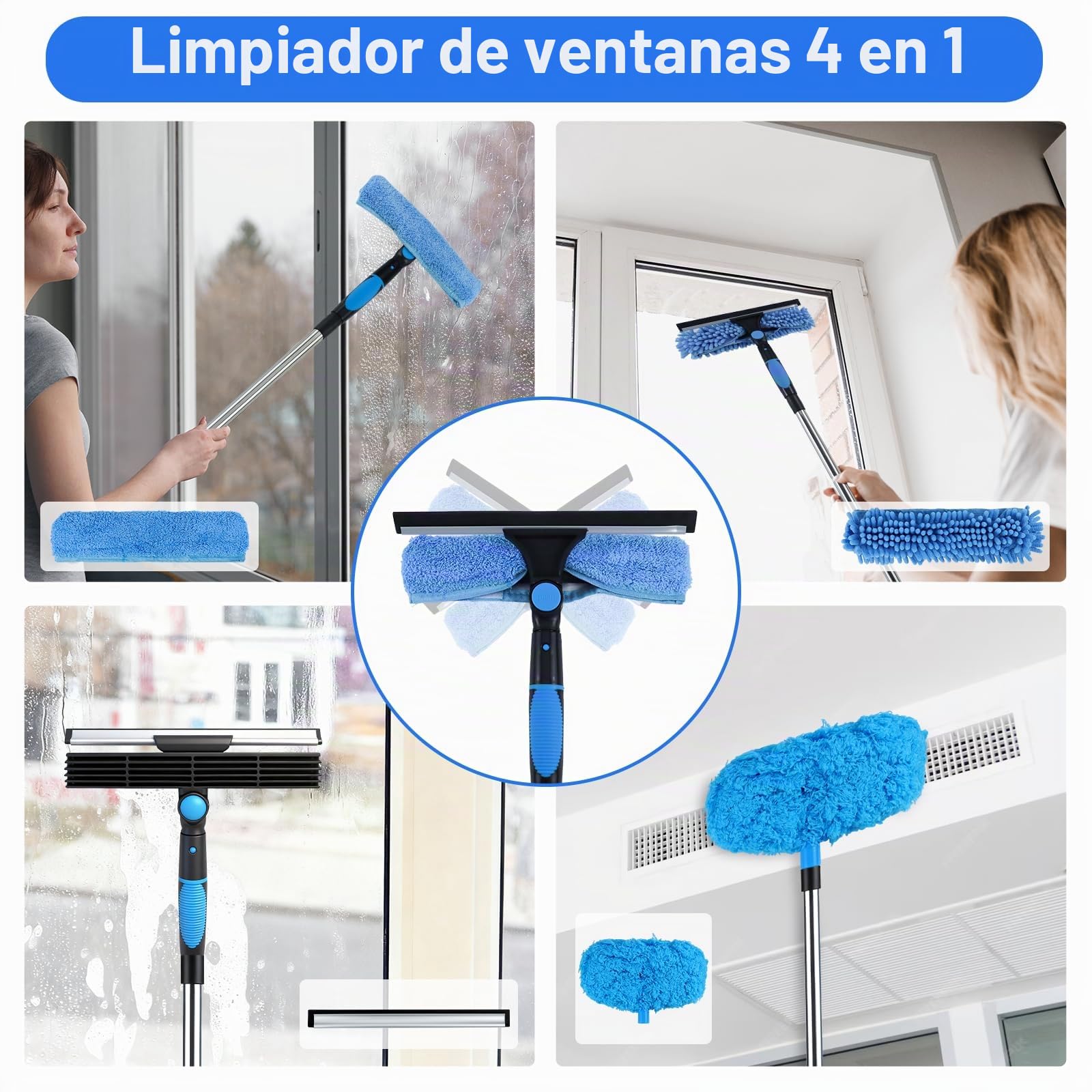 Limpiacristales con Mango Extensible 4.3 M, Limpiador de Ventanas 4 en 1 Limpia Cristales Ventanas, Kit Limpiacristales Telescopico Profesional con Escobilla de Silicona & Paños de Microfibra