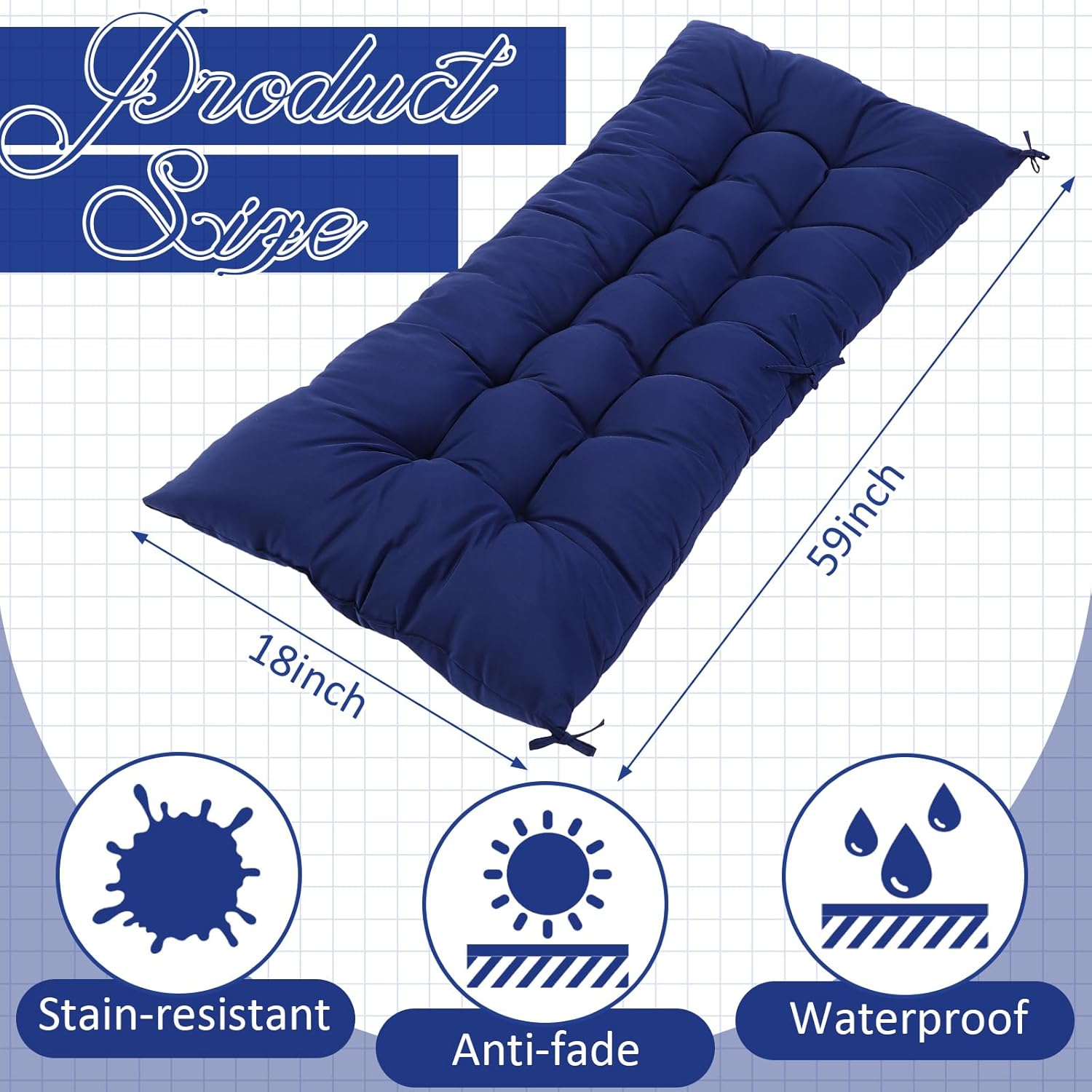 Wenqik Outdoor Bench Cushion 59 x 18 x 5 Inches Waterproof Outdoor Porch Swing Cushion Soft Thicken Chaise Lounge Pad with Ties for Indoor Garden Patio Seat(Navy Blue,Grid Pattern)
