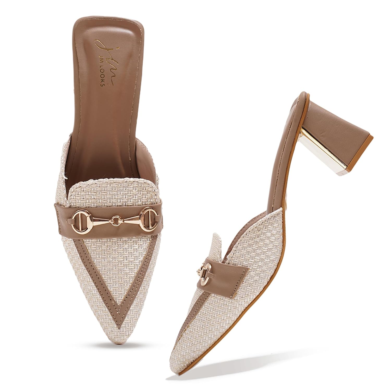 JM LOOKS Women's Textured Pointed-Toe Mules with Gold Buckle & Block Heel – Elegant Weave Design - Review, Price and Buying Guide