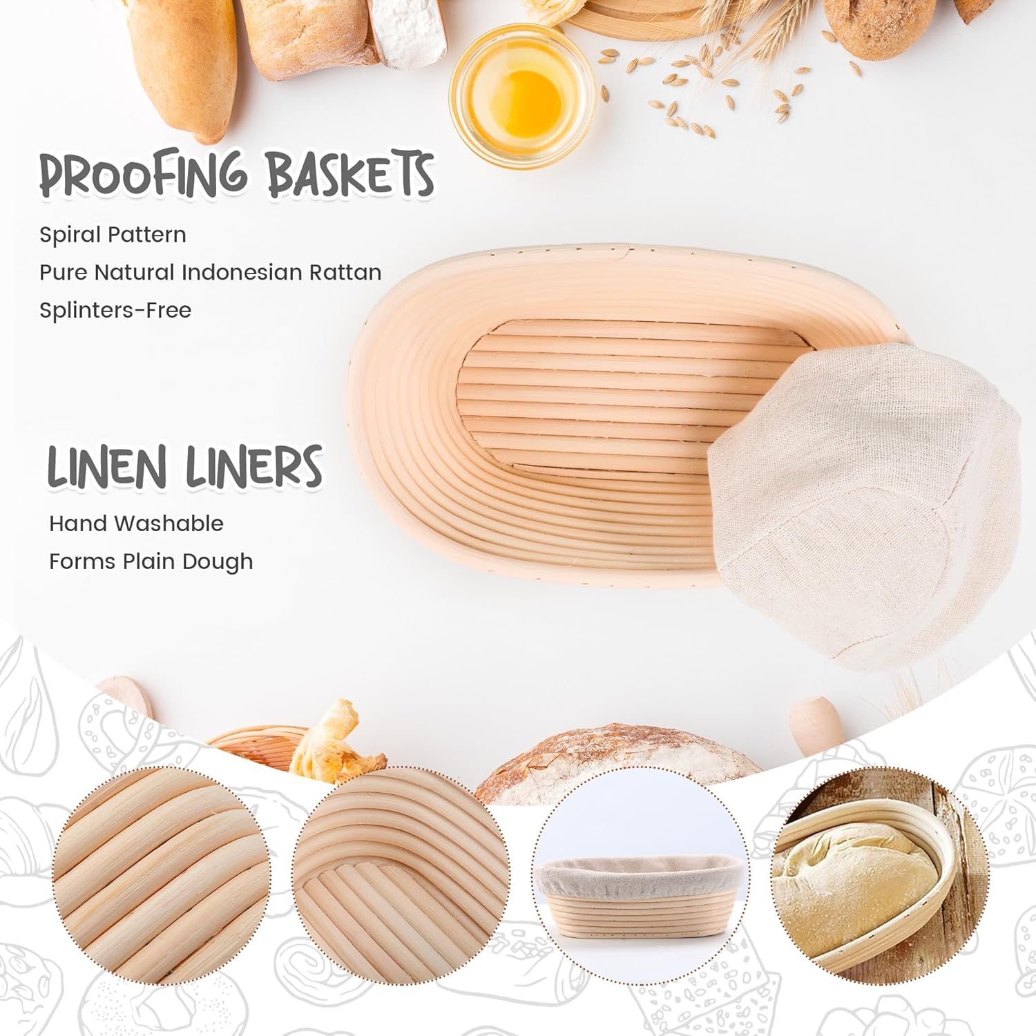 Banneton Set 3 Cestini Per Lievitazione Pane In Rattan Naturale – Rotondi 20,3 / 22,9 / 25,4 Cm Con Kit Accessori