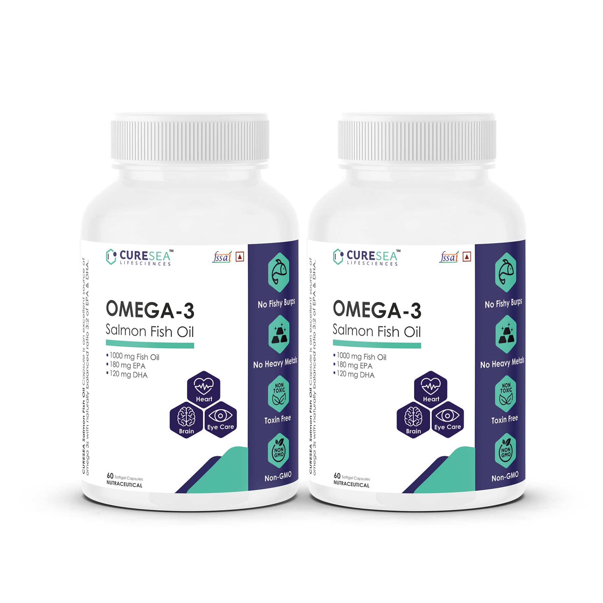CURESEA Lifesciences™ Omega 3 Salmon Fish Oil 1000mg (180mg EPA & 120mg DHA) Softgels For Men And Women | Brain, Heart, Eyes and Joints Health| No Fishy Burps, Non-GMO |120 Softgels (Pack of 2) (B0CPPQS3VT) Amazon Price History, Amazon Price Tracker
