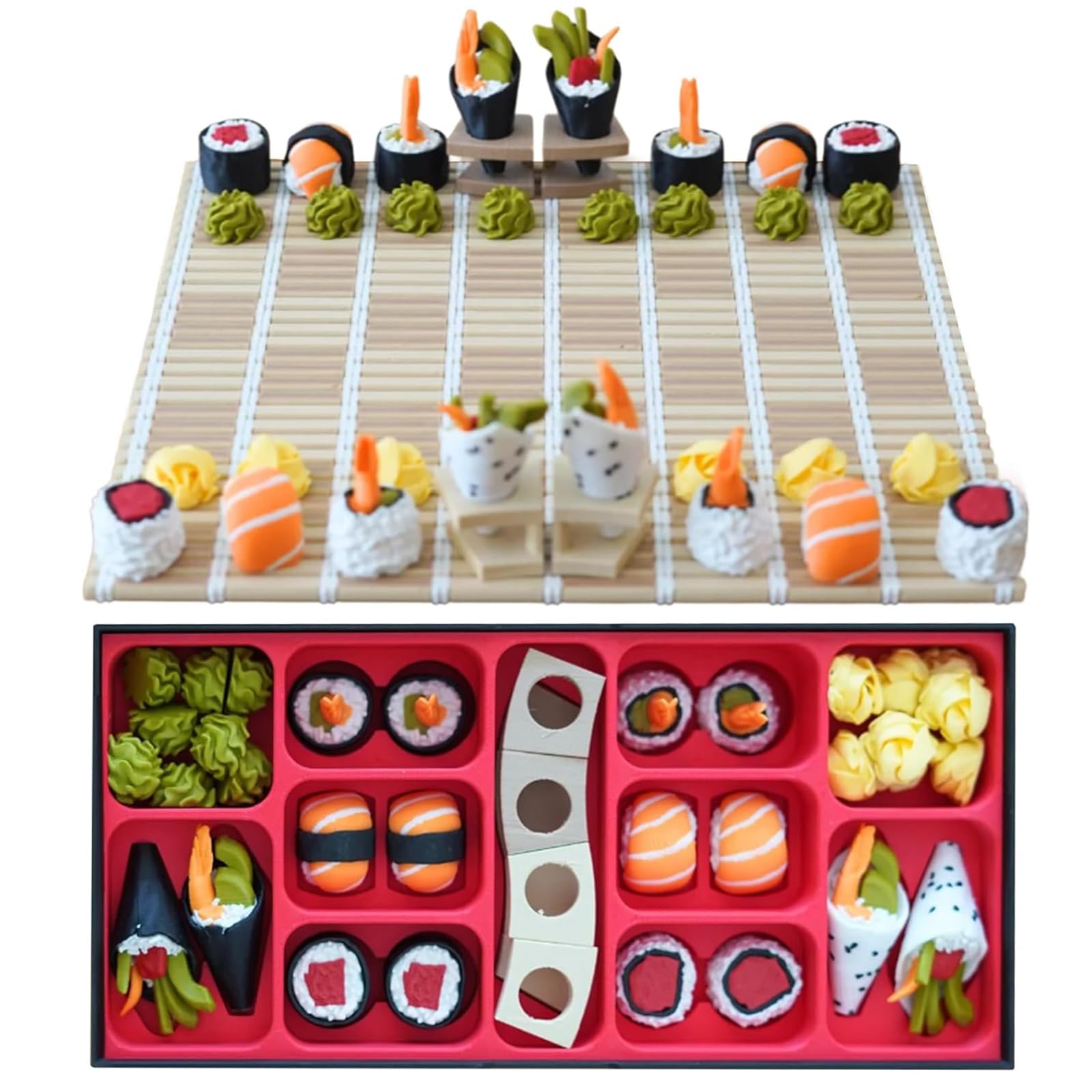 Das Sushi-Themen-Schachspiel, 3D-gedruckte Sushi-Roller-Schachfiguren | Einzigartiges japanisches Food-Familien-Strategiespiel, mit Rollbrettmatte und Bento-Aufbewahrungsbox, verpackt