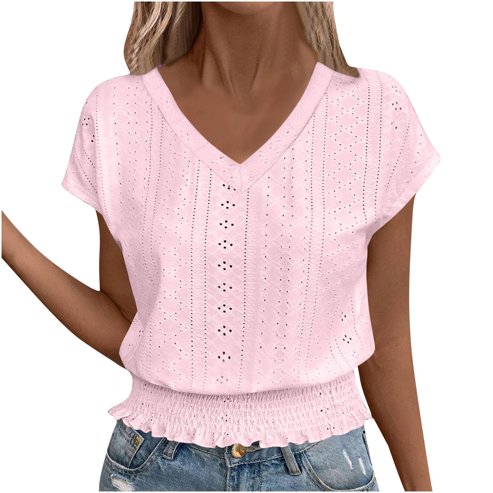 Womens Tops Eyelet Embroidery Summer Smocked Elastic Hem Shirts Dressy Casual Short Sleeve Blouse Vacation Clothes