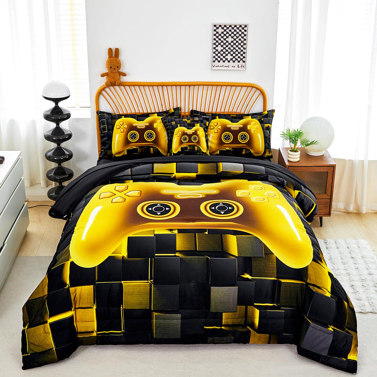 PERFEMET Kids Bedding Sets for Boys Full Size 6 Pcs Black Gold Game Console Comforter with Sheet Set Soft Fluffy Video Gamer Bed Set Lightweight Comfy