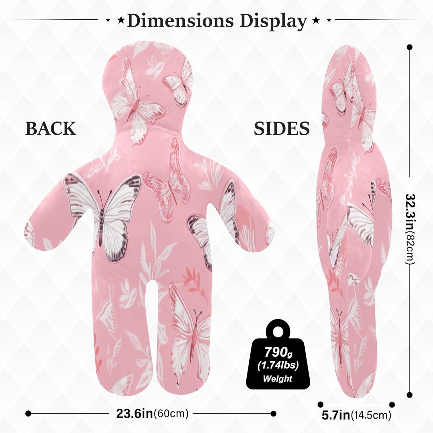 Butterfly on Pink Human-Shaped Pillow Soft Body Pillows Washable Velvet Pillows for Anxiety Relief Sleeping Cuddling & Support