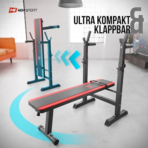 HOP-Sport® Banc de Musculation Pliable Plat, Support Barre Longue HS-1080 et Ensemble d’haltères: Disques de Poids en Plastique de 37 kg pour Entraînement Complet à Domicile Charge Max. 270 kg, Noir - 2