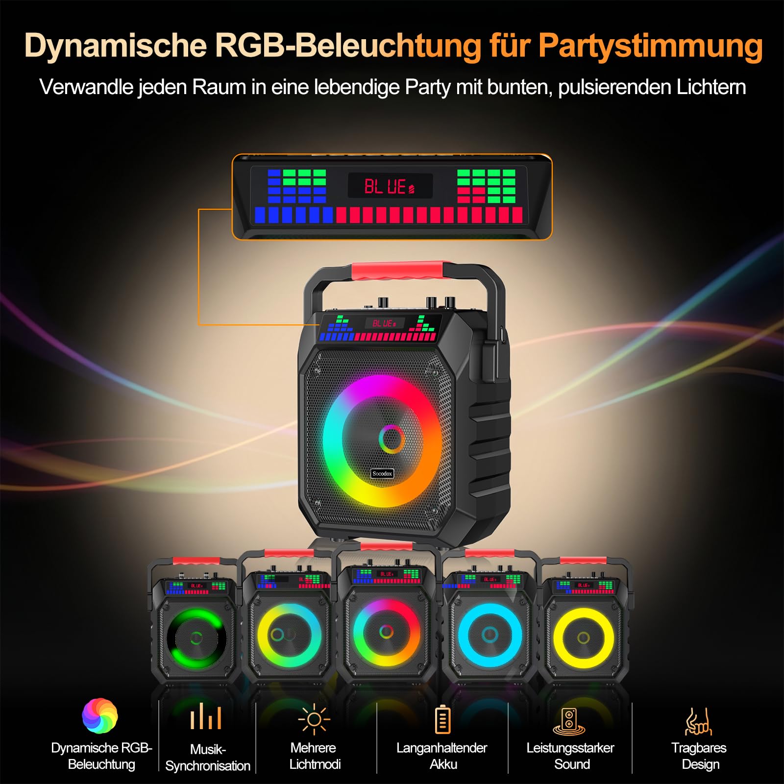 Karaoke Box mit 2 Mikrofonen für Erwachsene & Kinder | 5200mAh Akku für 12h Laufzeit, Echo, RGB-Lichter, Bluetooth, USB/TF-Aufnahme, Mic-Eingang – leichtes 2kg Party-Soundsystem