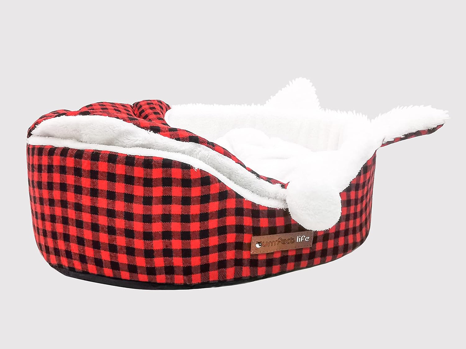 Christmas Oval Cat Beds with Attached Blanket, Hooded Bolster Bed, Ultra Soft Short Plush, Washable High Resilience PP Cotton, High Density Foam
