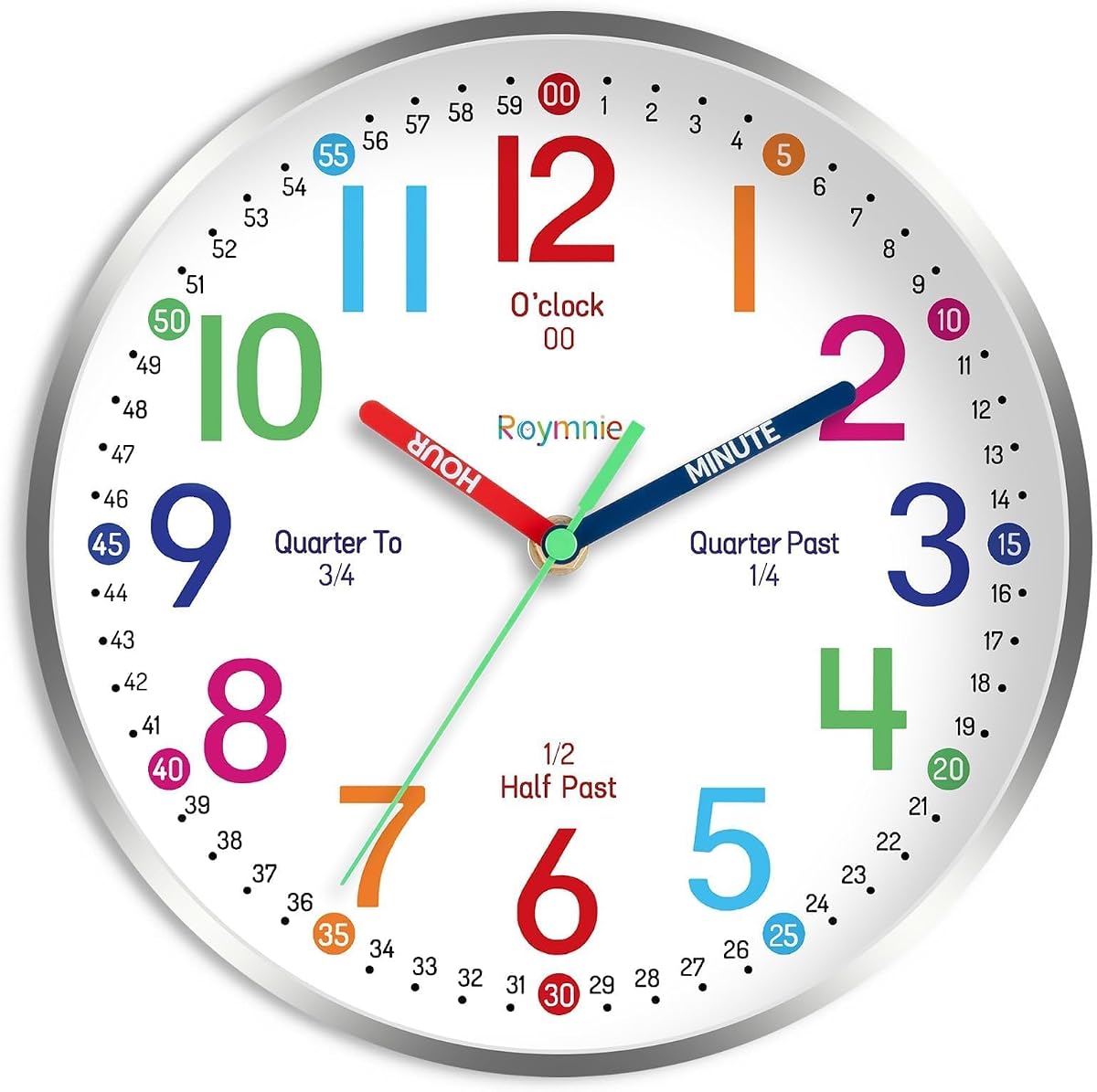 Reloj de pared de 14 pulgadas para niños que aprenden enseñanza silenciosa con pilas | Aprende a decir la hora fácilmente, sin tictac, analógico, colorido, reloj de tiempo de enseñanza, decorativo para habitación de niños, aula, escuela moderna