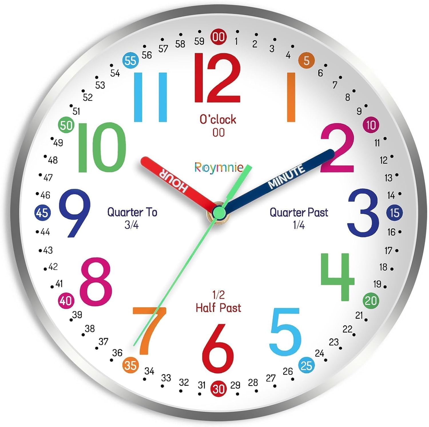 Roymnie 14 Inch Wall Clock for Kids Learning to Tell Time, Modern Silent Battery Operated Teaching Clock, Ideal Gift for Kids Room School