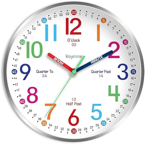Roymnie Wall Clock for Kids Learning, 8-inch Battery Operated Teaching Silent Clock