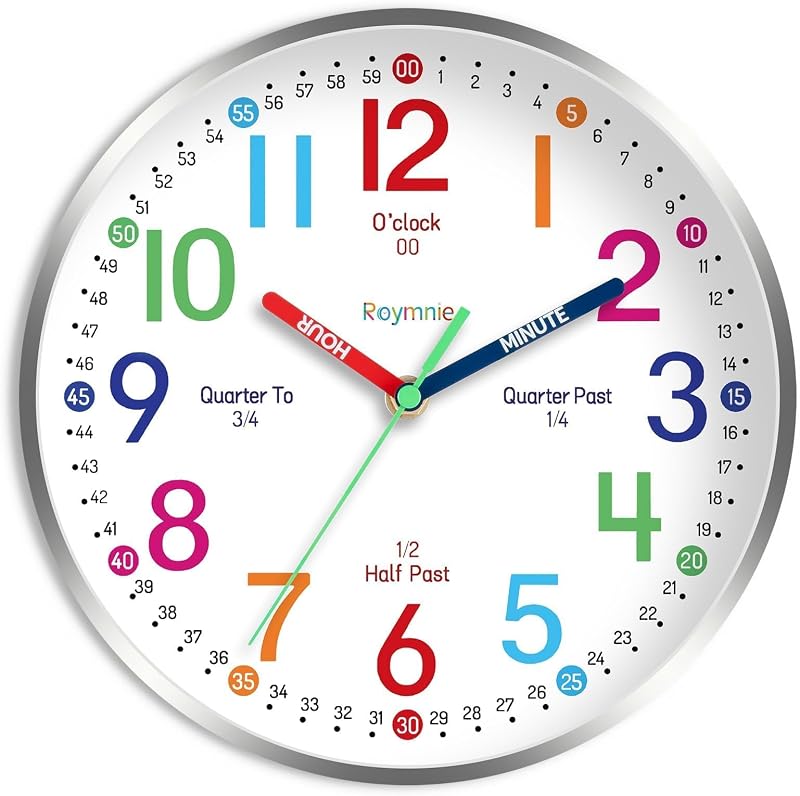Reloj de pared de 14 pulgadas para niños que aprenden enseñanza silenciosa con pilas | Aprende a decir la hora fácilmente, sin tictac, analógico, colorido, reloj de tiempo de enseñanza, decorativo para habitación de niños, aula, escuela moderna